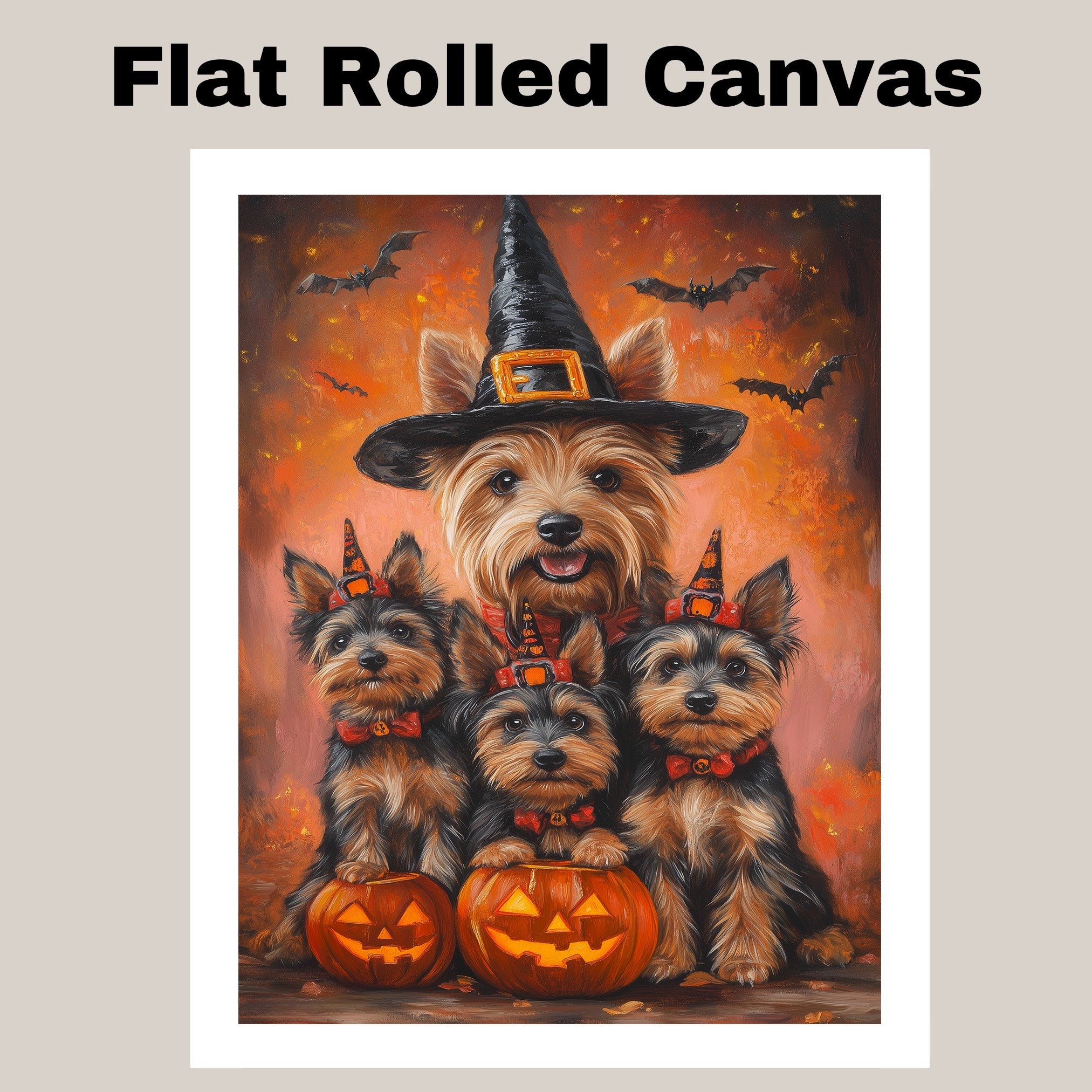 Halloween Australian Terrier Witch Hat Dog Wall Art with Pumpkins Fall Farmhouse Décor for Grandma on Ready to Hang 1.5" Thick Canvas Wrap, Floating Framed Canvas, Flat Rolled Canvas