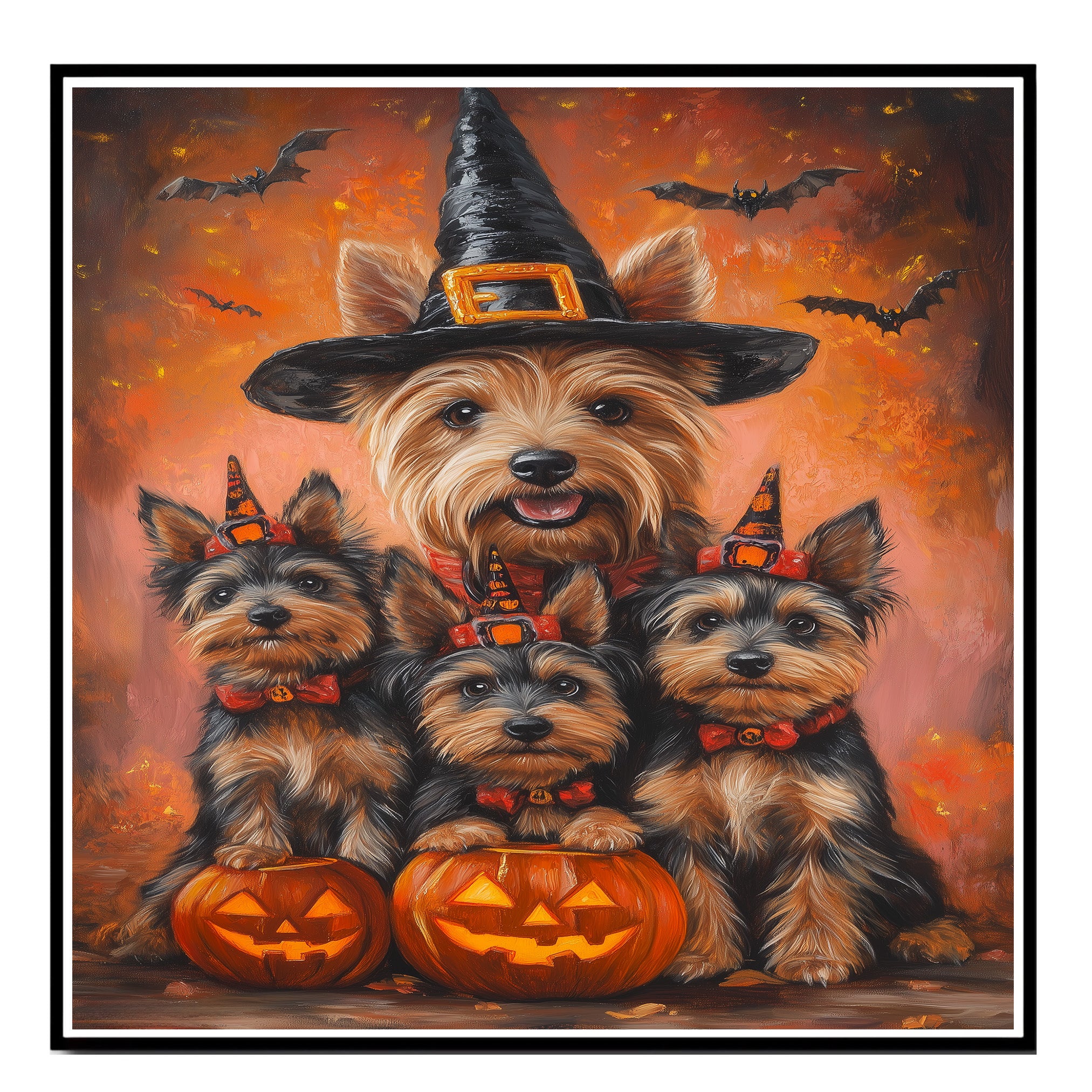 Halloween Australian Terrier Witch Hat Dog Wall Art with Pumpkins Fall Farmhouse Décor for Grandma on Ready to Hang 1.5" Thick Canvas Wrap, Floating Framed Canvas, Flat Rolled Canvas