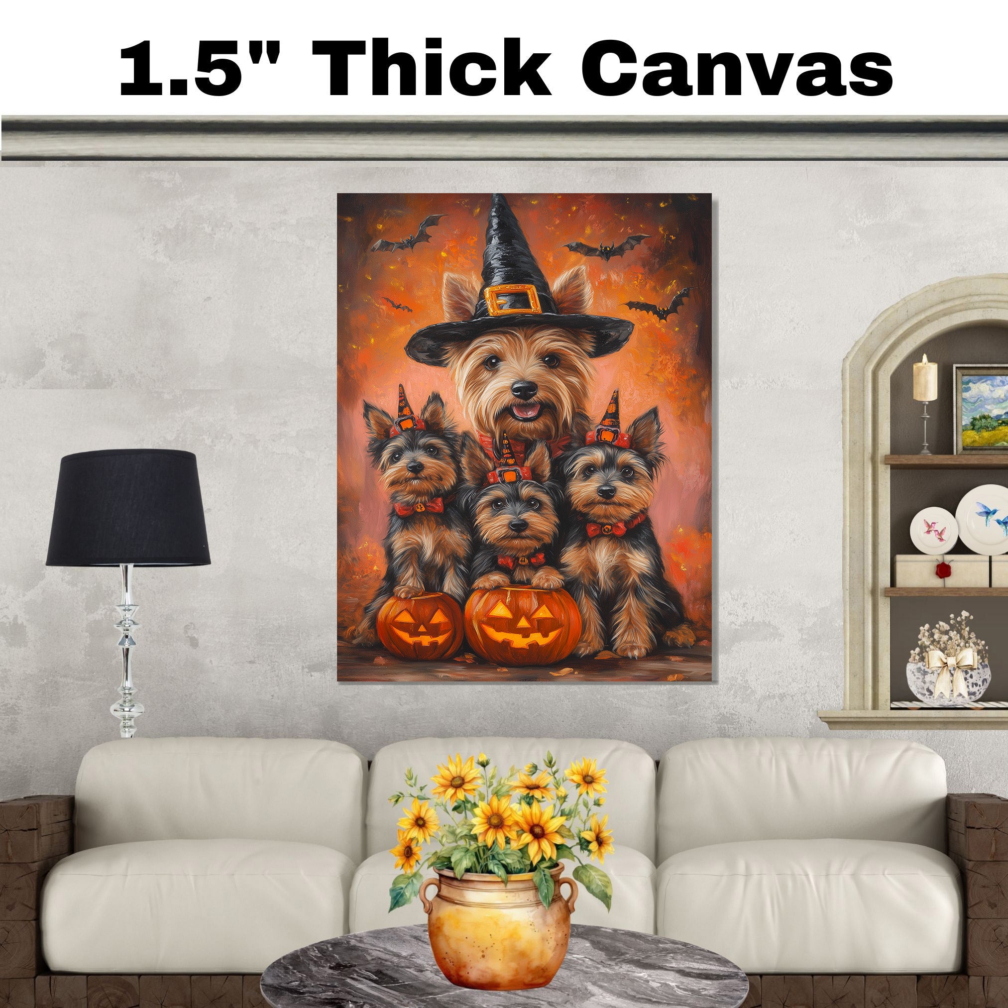 Halloween Australian Terrier Witch Hat Dog Wall Art with Pumpkins Fall Farmhouse Décor for Grandma on Ready to Hang 1.5" Thick Canvas Wrap, Floating Framed Canvas, Flat Rolled Canvas