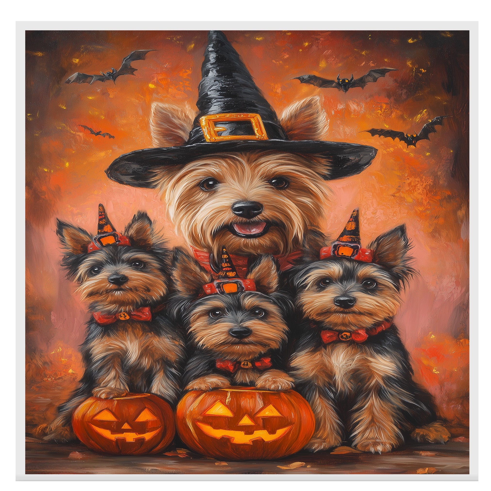 Halloween Australian Terrier Witch Hat Dog Wall Art with Pumpkins Fall Farmhouse Décor for Grandma on Ready to Hang 1.5" Thick Canvas Wrap, Floating Framed Canvas, Flat Rolled Canvas