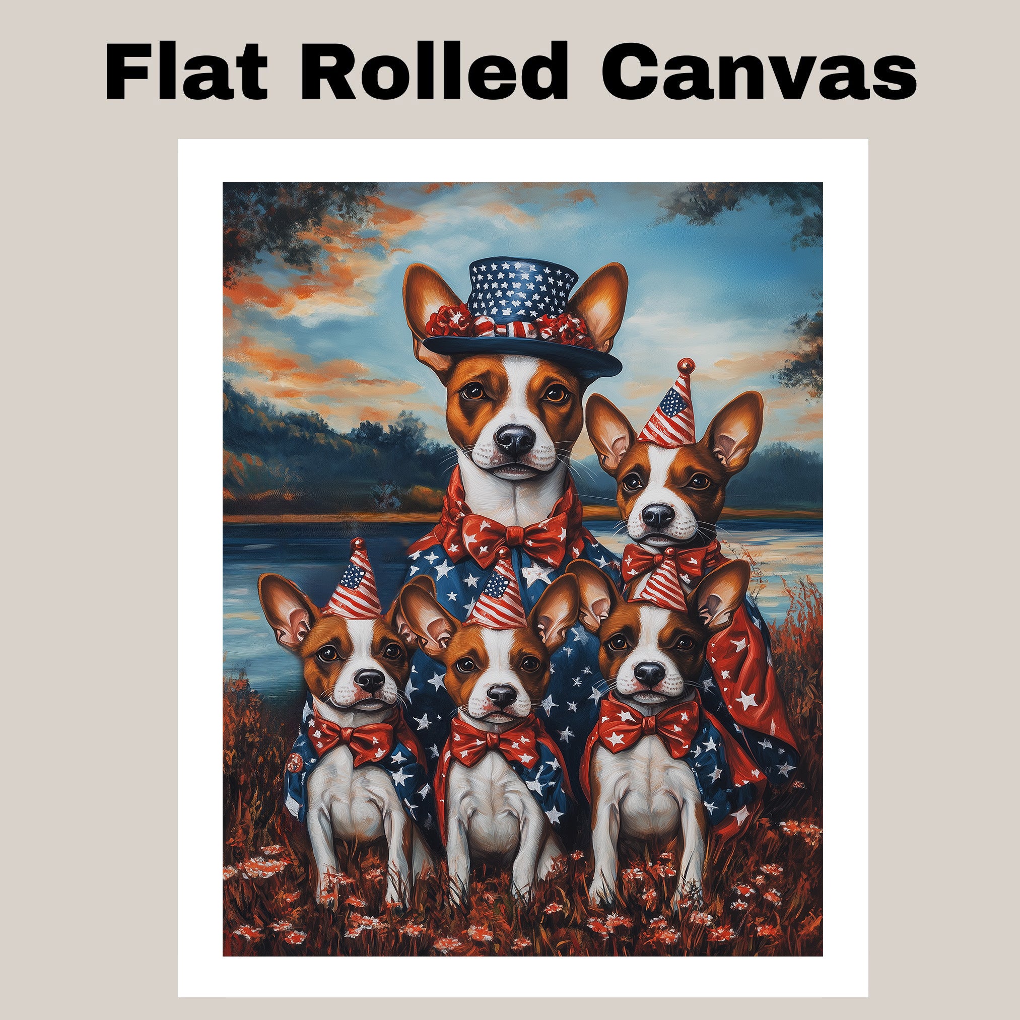 Basenji Dog Mom and Puppies in Patriotic Outfits with Party Hats and Bowties by Lakeside Sunset in a Colorful Americana Painting on Ready to Hang 1.5" Thick Canvas Wrap, Floating Framed Canvas, Flat Rolled Canvas