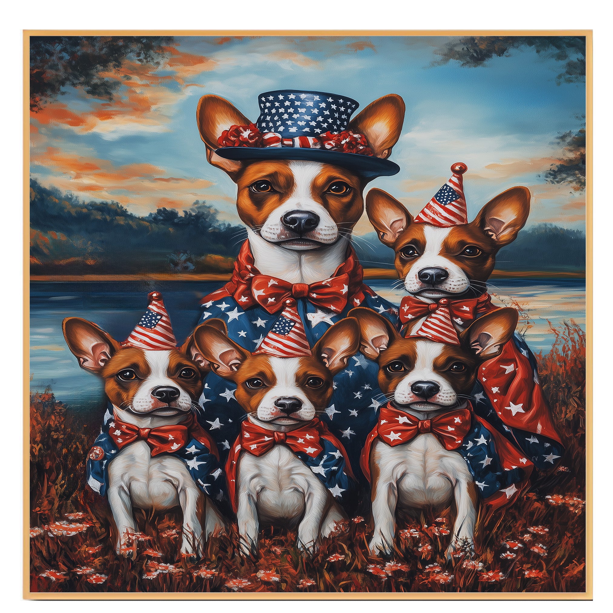 Basenji Dog Mom and Puppies in Patriotic Outfits with Party Hats and Bowties by Lakeside Sunset in a Colorful Americana Painting on Ready to Hang 1.5" Thick Canvas Wrap, Floating Framed Canvas, Flat Rolled Canvas