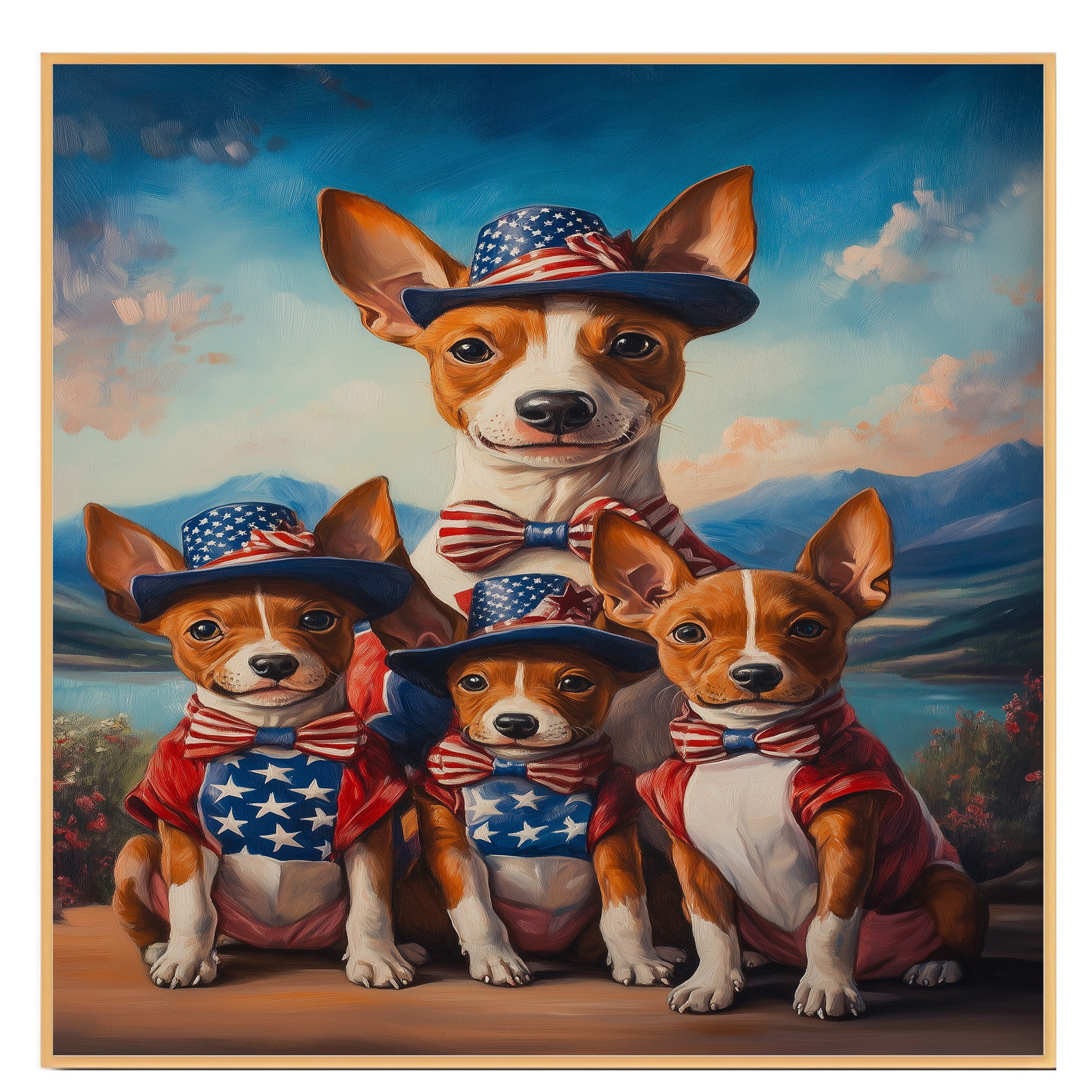 Basenji Dog Mom and Puppies in Patriotic Outfits with Bowties and Hats in a Scenic Mountain Valley American Holiday Painting on Ready to Hang 1.5" Thick Canvas Wrap, Floating Framed Canvas, Flat Rolled Canvas