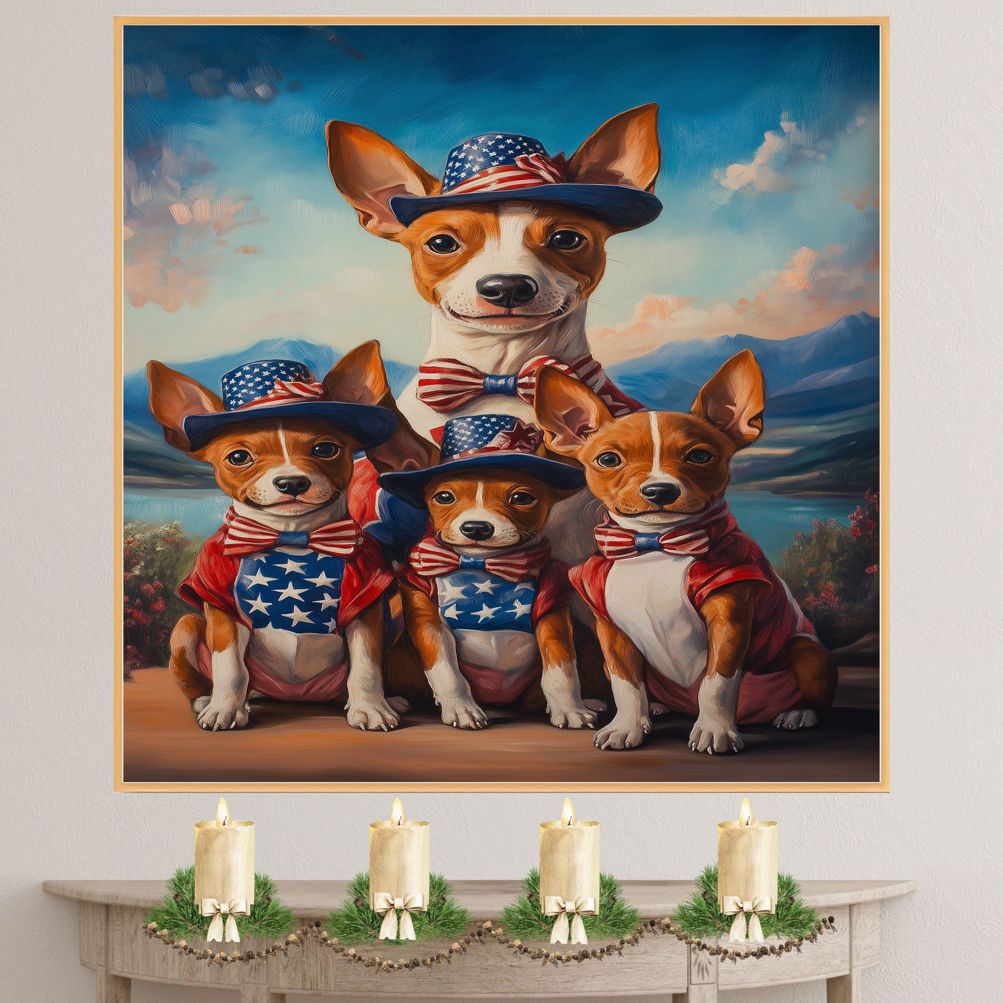 Basenji Dog Mom and Puppies in Patriotic Outfits with Bowties and Hats in a Scenic Mountain Valley American Holiday Painting on Ready to Hang 1.5" Thick Canvas Wrap, Floating Framed Canvas, Flat Rolled Canvas