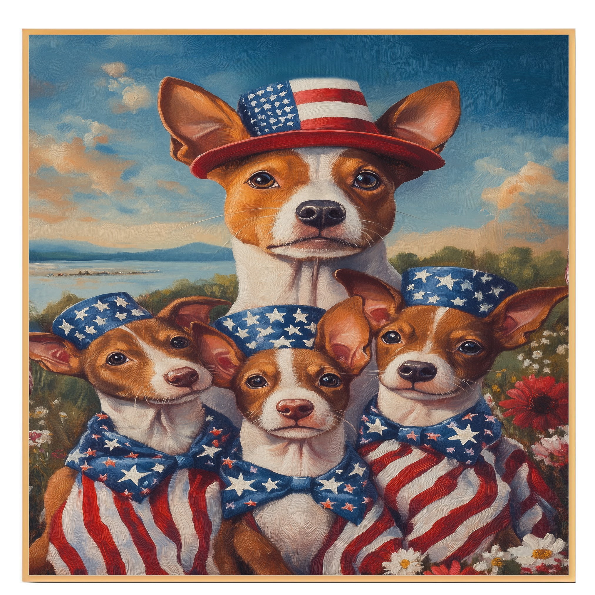Basenji Dog Mom and Puppies in American Flag Outfits and Bowties with Wildflowers and Lake View in Patriotic Oil Painting on Ready to Hang 1.5" Thick Canvas Wrap, Floating Framed Canvas, Flat Rolled Canvas