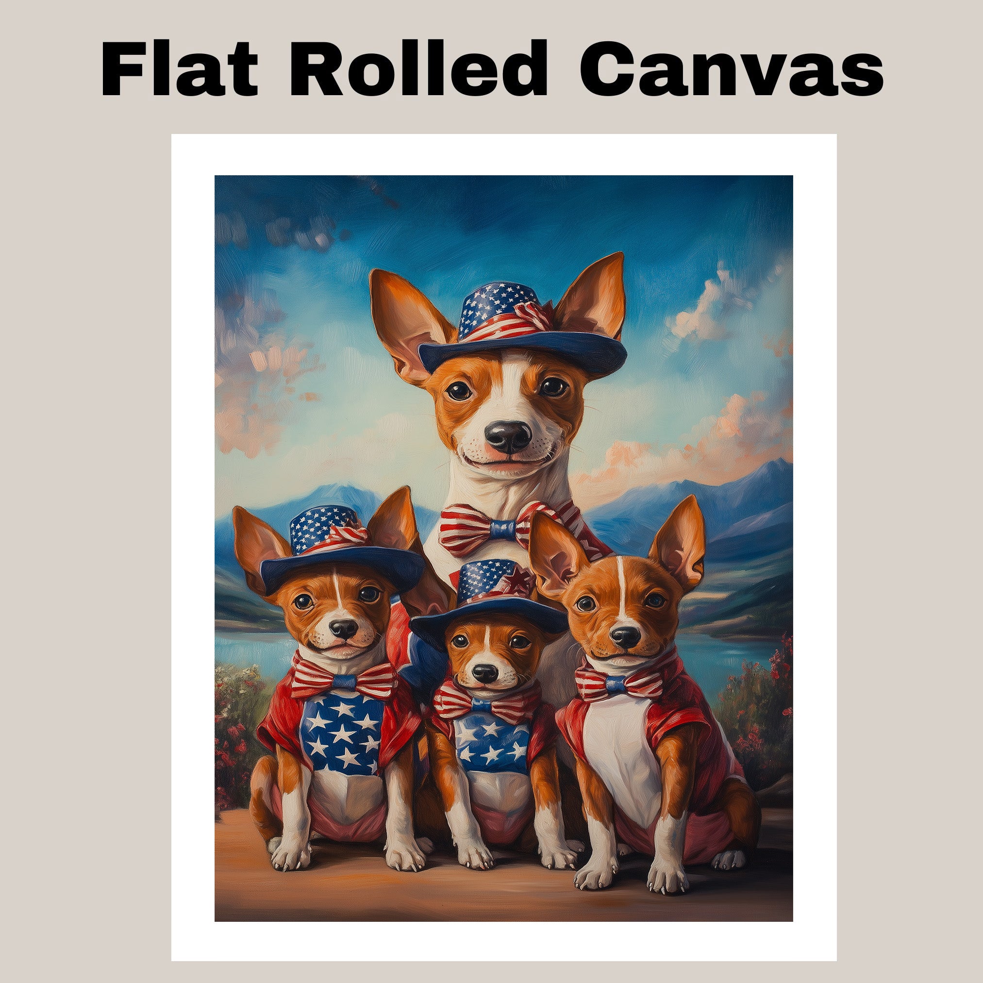 Basenji Dog Mom and Puppies in Patriotic Outfits with Bowties and Hats in a Scenic Mountain Valley American Holiday Painting on Ready to Hang 1.5" Thick Canvas Wrap, Floating Framed Canvas, Flat Rolled Canvas