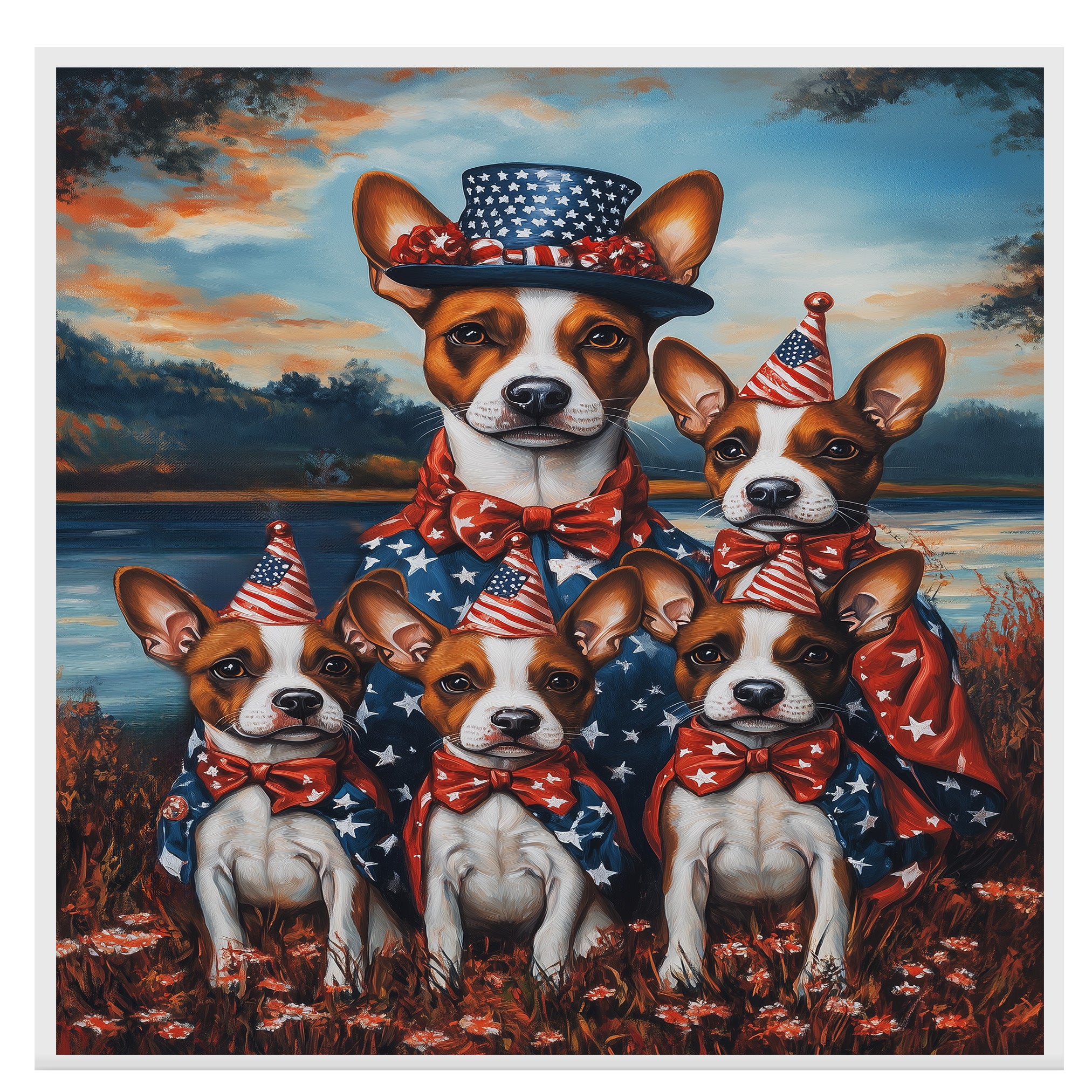 Basenji Dog Mom and Puppies in Patriotic Outfits with Party Hats and Bowties by Lakeside Sunset in a Colorful Americana Painting on Ready to Hang 1.5" Thick Canvas Wrap, Floating Framed Canvas, Flat Rolled Canvas