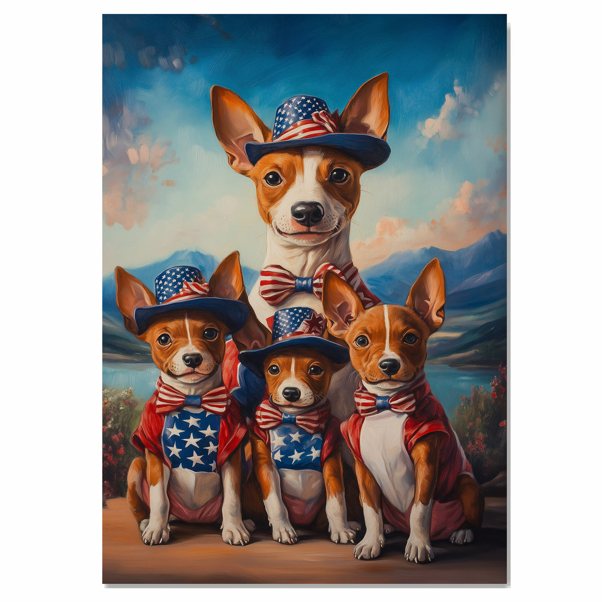 Basenji Dog Mom and Puppies in Patriotic Outfits with Bowties and Hats in a Scenic Mountain Valley American Holiday Painting on Ready to Hang 1.5" Thick Canvas Wrap, Floating Framed Canvas, Flat Rolled Canvas