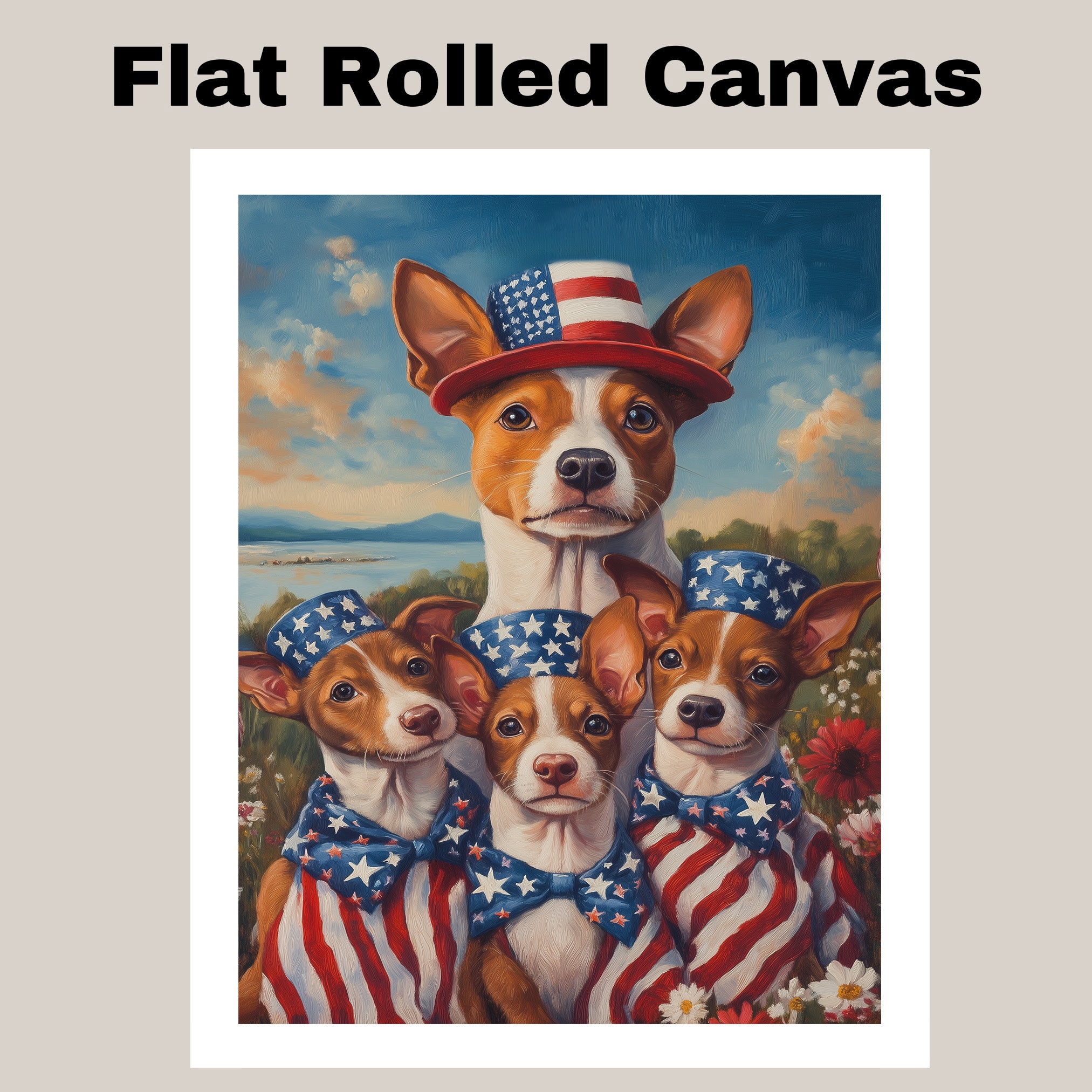 Basenji Dog Mom and Puppies in American Flag Outfits and Bowties with Wildflowers and Lake View in Patriotic Oil Painting on Ready to Hang 1.5" Thick Canvas Wrap, Floating Framed Canvas, Flat Rolled Canvas