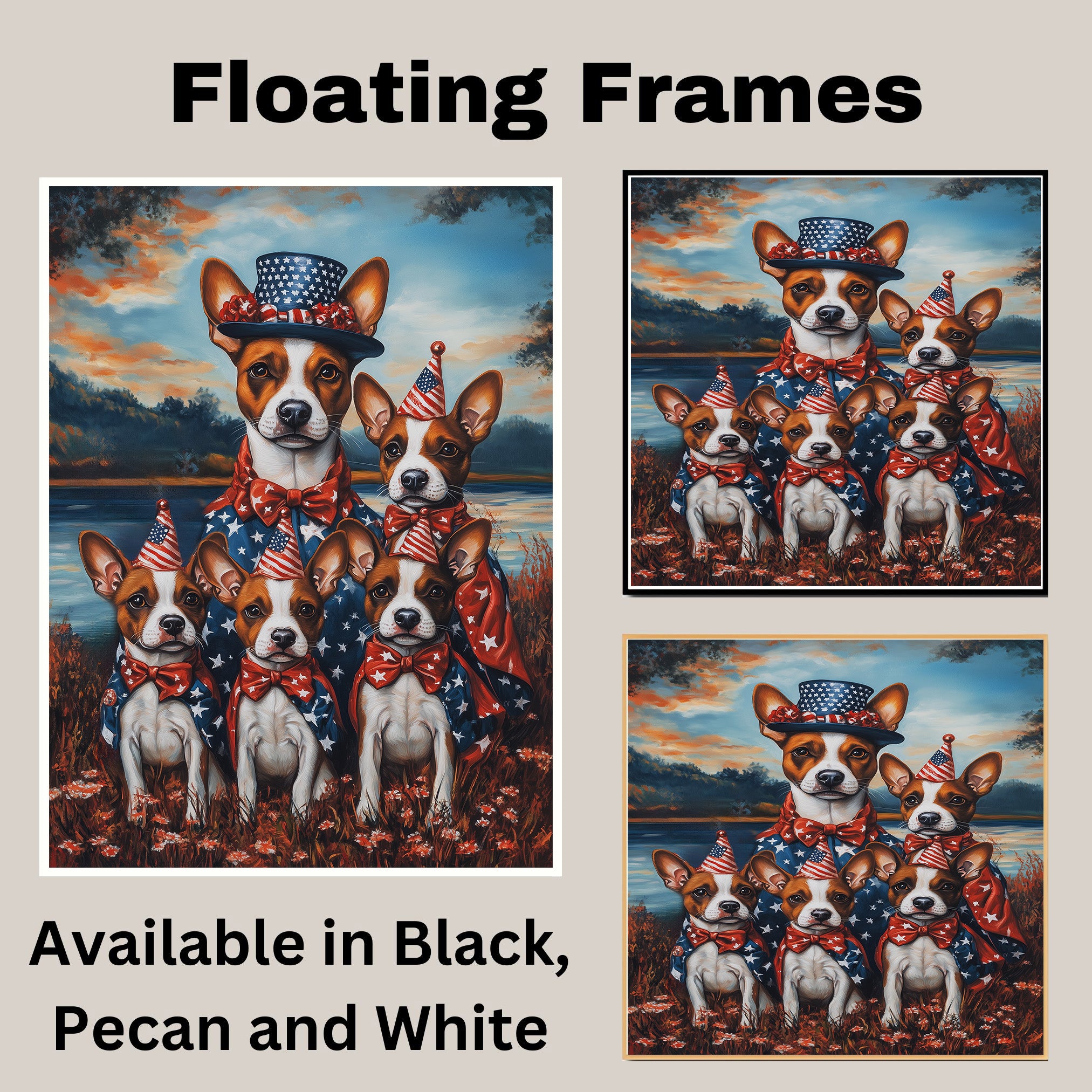 Basenji Dog Mom and Puppies in Patriotic Outfits with Party Hats and Bowties by Lakeside Sunset in a Colorful Americana Painting on Ready to Hang 1.5" Thick Canvas Wrap, Floating Framed Canvas, Flat Rolled Canvas