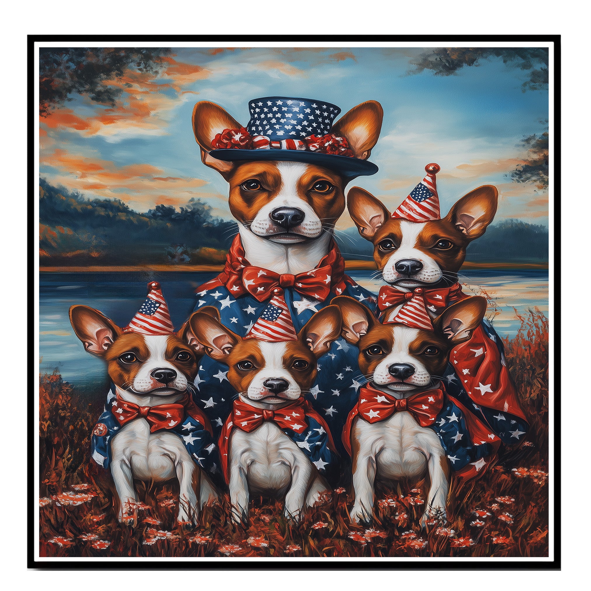 Basenji Dog Mom and Puppies in Patriotic Outfits with Party Hats and Bowties by Lakeside Sunset in a Colorful Americana Painting on Ready to Hang 1.5" Thick Canvas Wrap, Floating Framed Canvas, Flat Rolled Canvas
