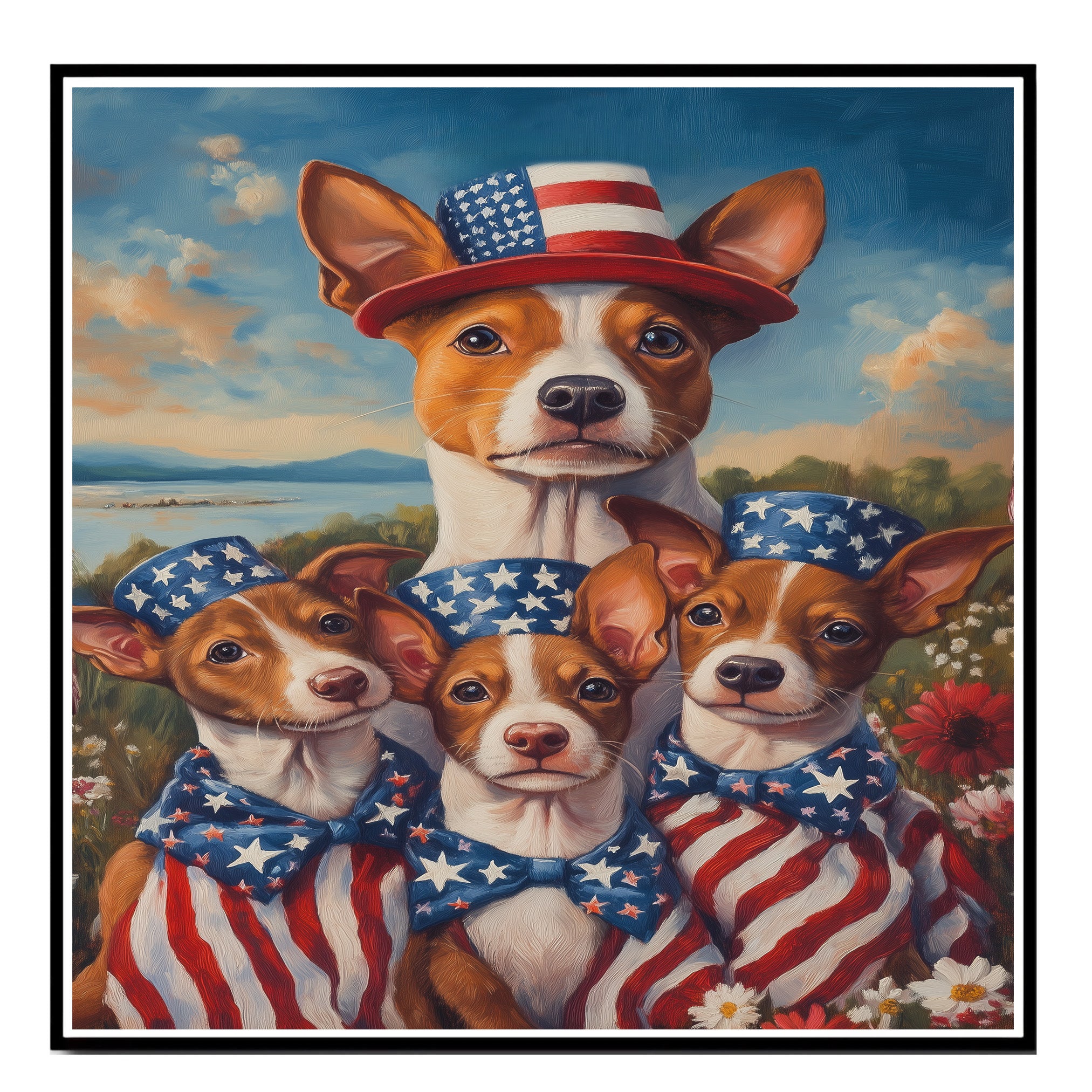 Basenji Dog Mom and Puppies in American Flag Outfits and Bowties with Wildflowers and Lake View in Patriotic Oil Painting on Ready to Hang 1.5" Thick Canvas Wrap, Floating Framed Canvas, Flat Rolled Canvas