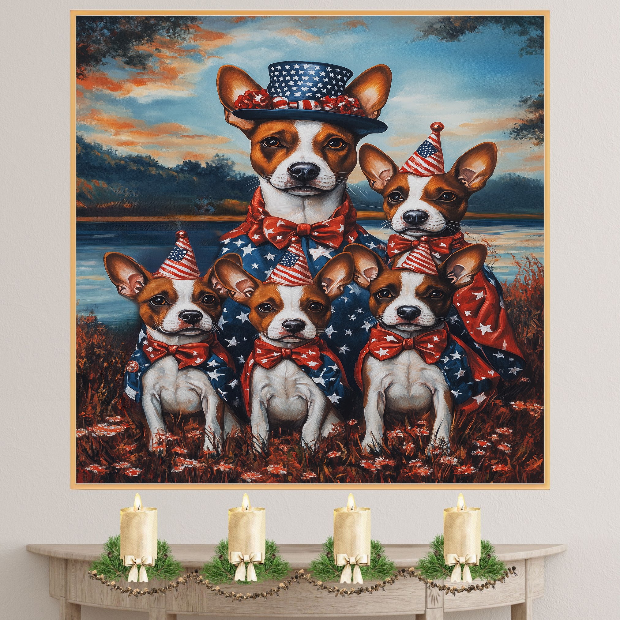 Basenji Dog Mom and Puppies in Patriotic Outfits with Party Hats and Bowties by Lakeside Sunset in a Colorful Americana Painting on Ready to Hang 1.5" Thick Canvas Wrap, Floating Framed Canvas, Flat Rolled Canvas