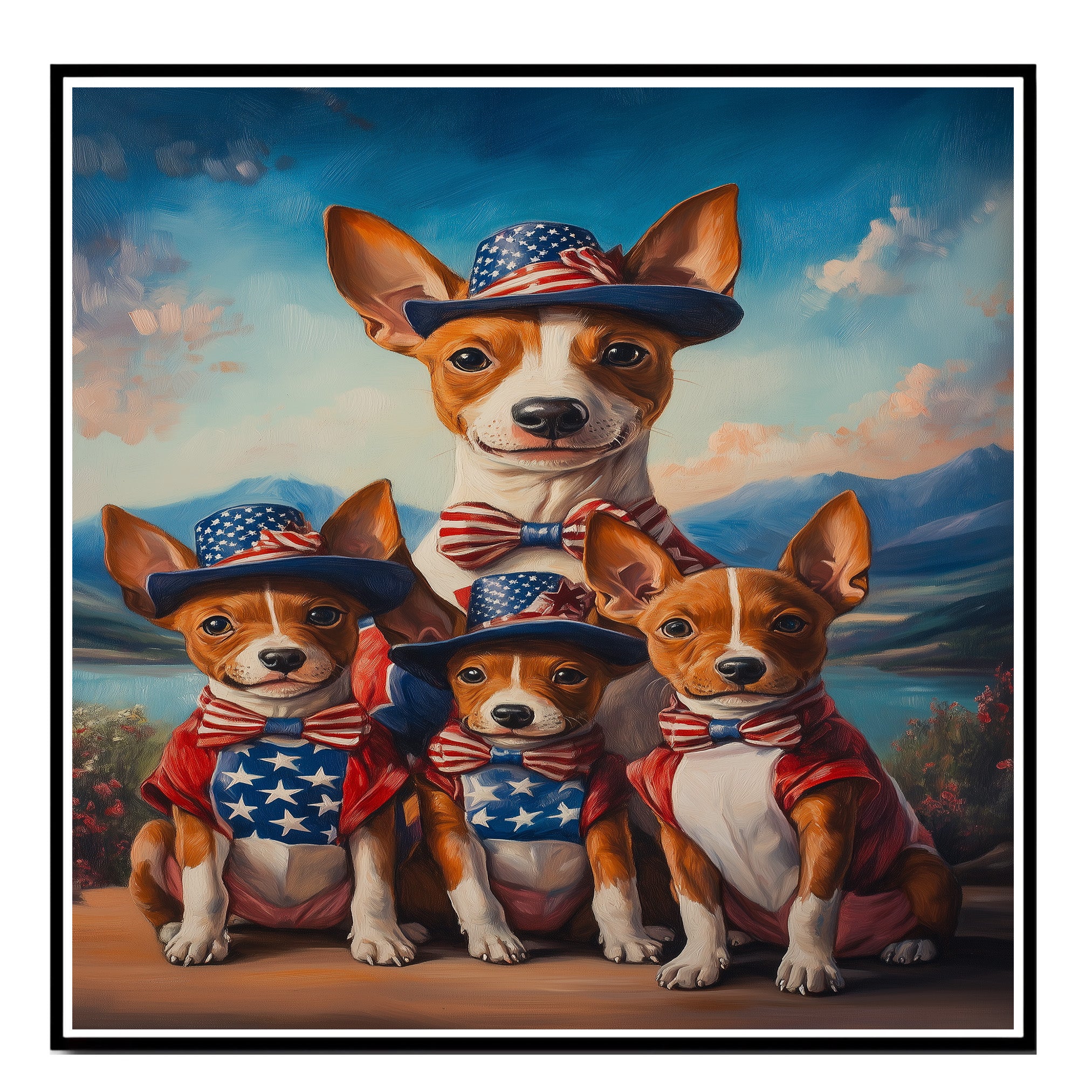 Basenji Dog Mom and Puppies in Patriotic Outfits with Bowties and Hats in a Scenic Mountain Valley American Holiday Painting on Ready to Hang 1.5" Thick Canvas Wrap, Floating Framed Canvas, Flat Rolled Canvas