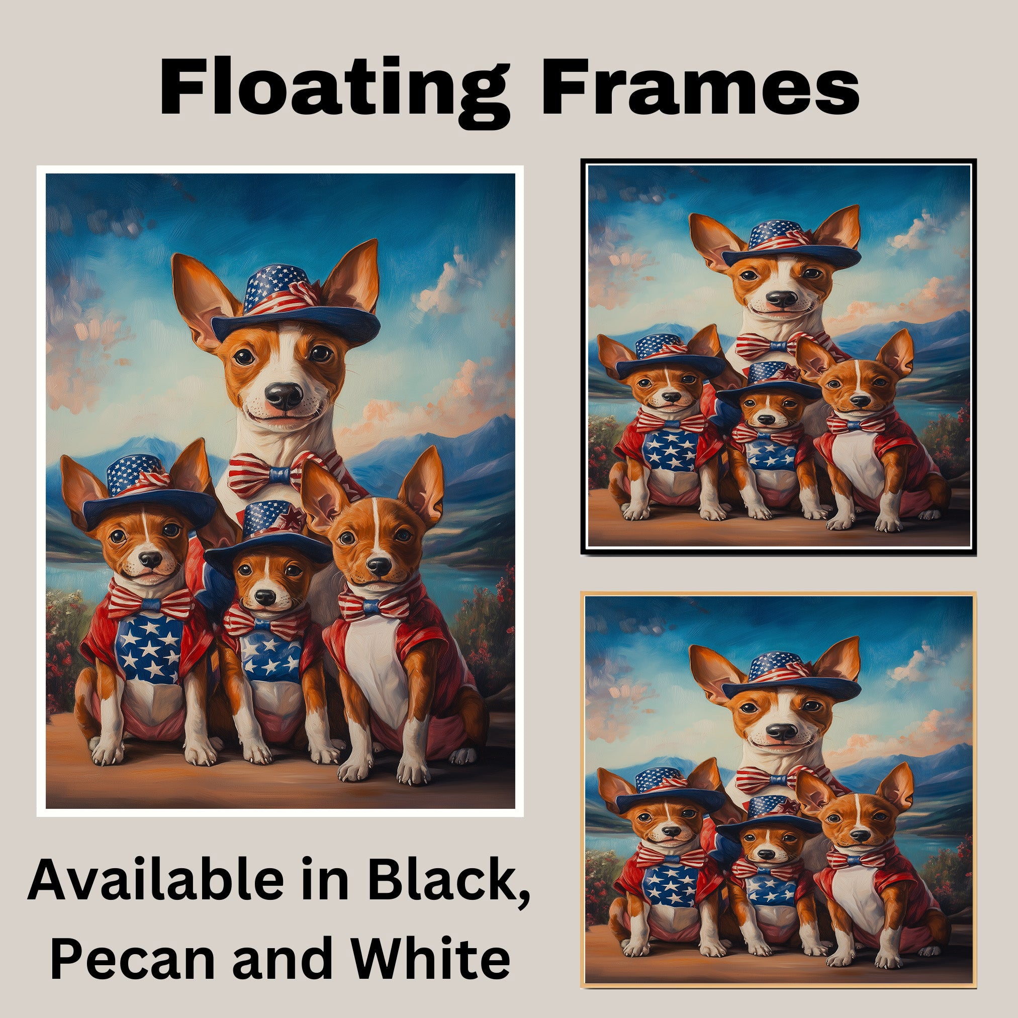Basenji Dog Mom and Puppies in Patriotic Outfits with Bowties and Hats in a Scenic Mountain Valley American Holiday Painting on Ready to Hang 1.5" Thick Canvas Wrap, Floating Framed Canvas, Flat Rolled Canvas