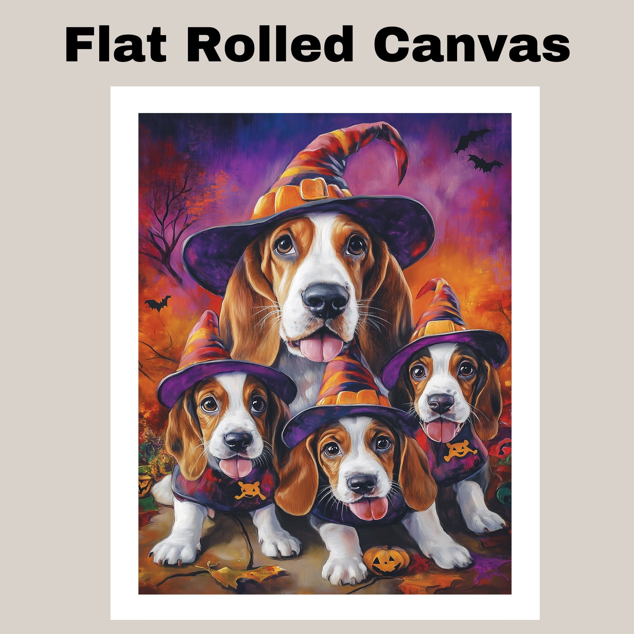 Basset Hound Dog and Puppy Halloween Canvas Wall Art with Witch Hat Fall Farmhouse Decor for Autumn on Ready to Hang 1.5" Thick Canvas Wrap, Floating Framed Canvas, Flat Rolled Canvas