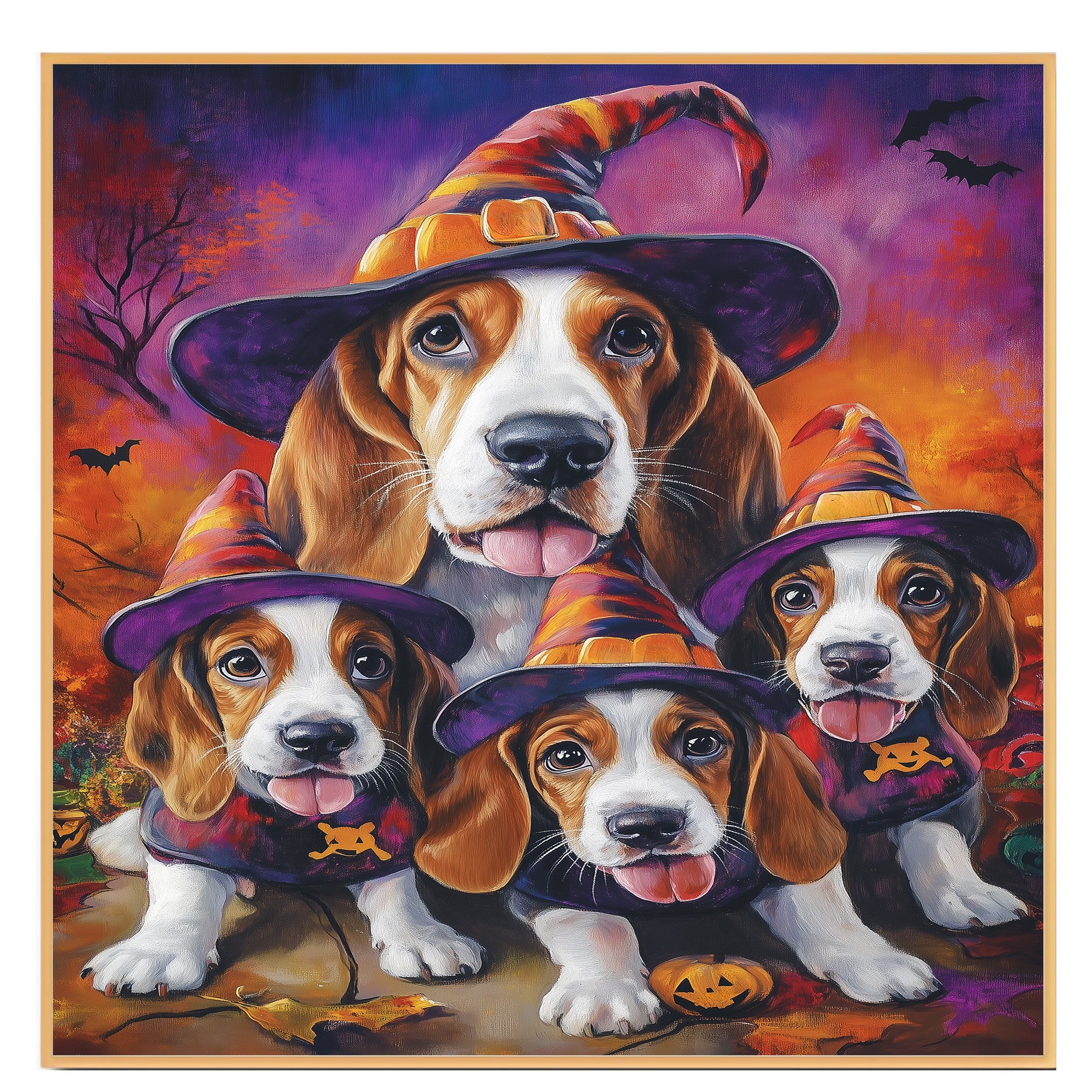 Basset Hound Dog and Puppy Halloween Canvas Wall Art with Witch Hat Fall Farmhouse Decor for Autumn on Ready to Hang 1.5" Thick Canvas Wrap, Floating Framed Canvas, Flat Rolled Canvas