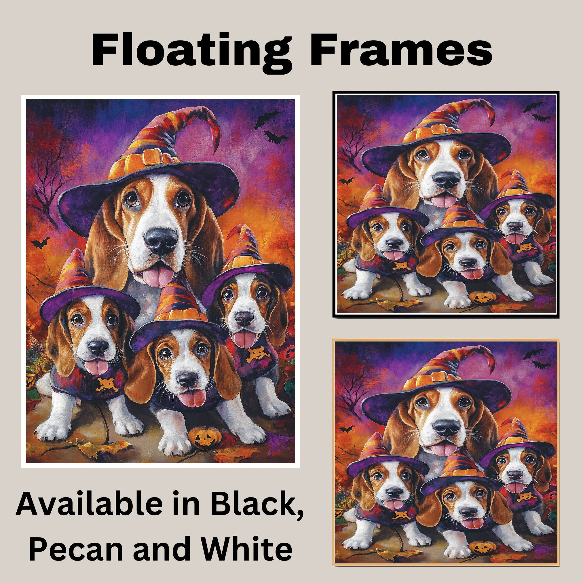Basset Hound Dog and Puppy Halloween Canvas Wall Art with Witch Hat Fall Farmhouse Decor for Autumn on Ready to Hang 1.5" Thick Canvas Wrap, Floating Framed Canvas, Flat Rolled Canvas