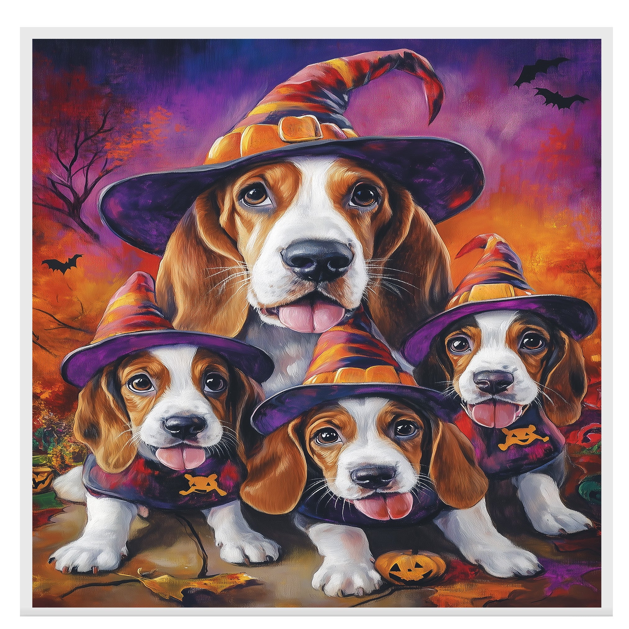 Basset Hound Dog and Puppy Halloween Canvas Wall Art with Witch Hat Fall Farmhouse Decor for Autumn on Ready to Hang 1.5" Thick Canvas Wrap, Floating Framed Canvas, Flat Rolled Canvas