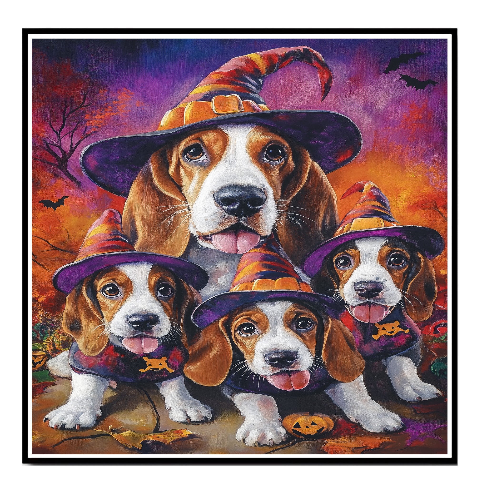 Basset Hound Dog and Puppy Halloween Canvas Wall Art with Witch Hat Fall Farmhouse Decor for Autumn on Ready to Hang 1.5" Thick Canvas Wrap, Floating Framed Canvas, Flat Rolled Canvas