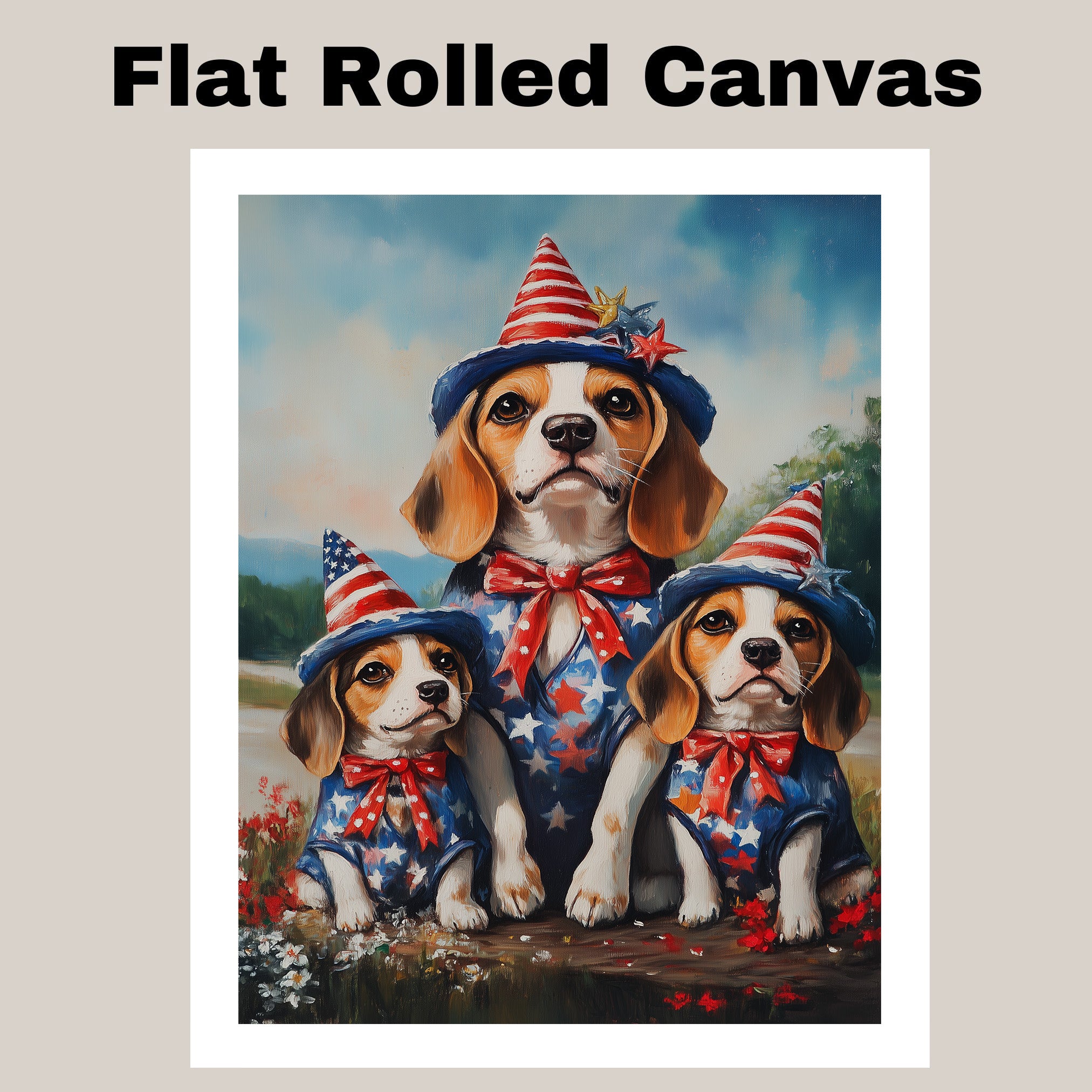 Beagle Dog Family Patriotic Portrait – Mom and 3 Puppies in Red, White & Blue Outfits with Flag and Hats on Ready to Hang 1.5" Thick Canvas Wrap, Floating Framed Canvas, Flat Rolled Canvas