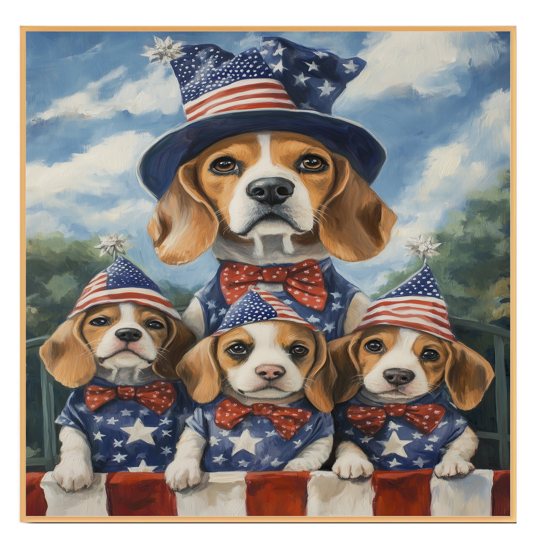 Beagle Family Patriotic Oil Painting – Mom and 3 Puppies in Stars & Stripes Hats and Bow Ties on Ready to Hang 1.5" Thick Canvas Wrap, Floating Framed Canvas, Flat Rolled Canvas