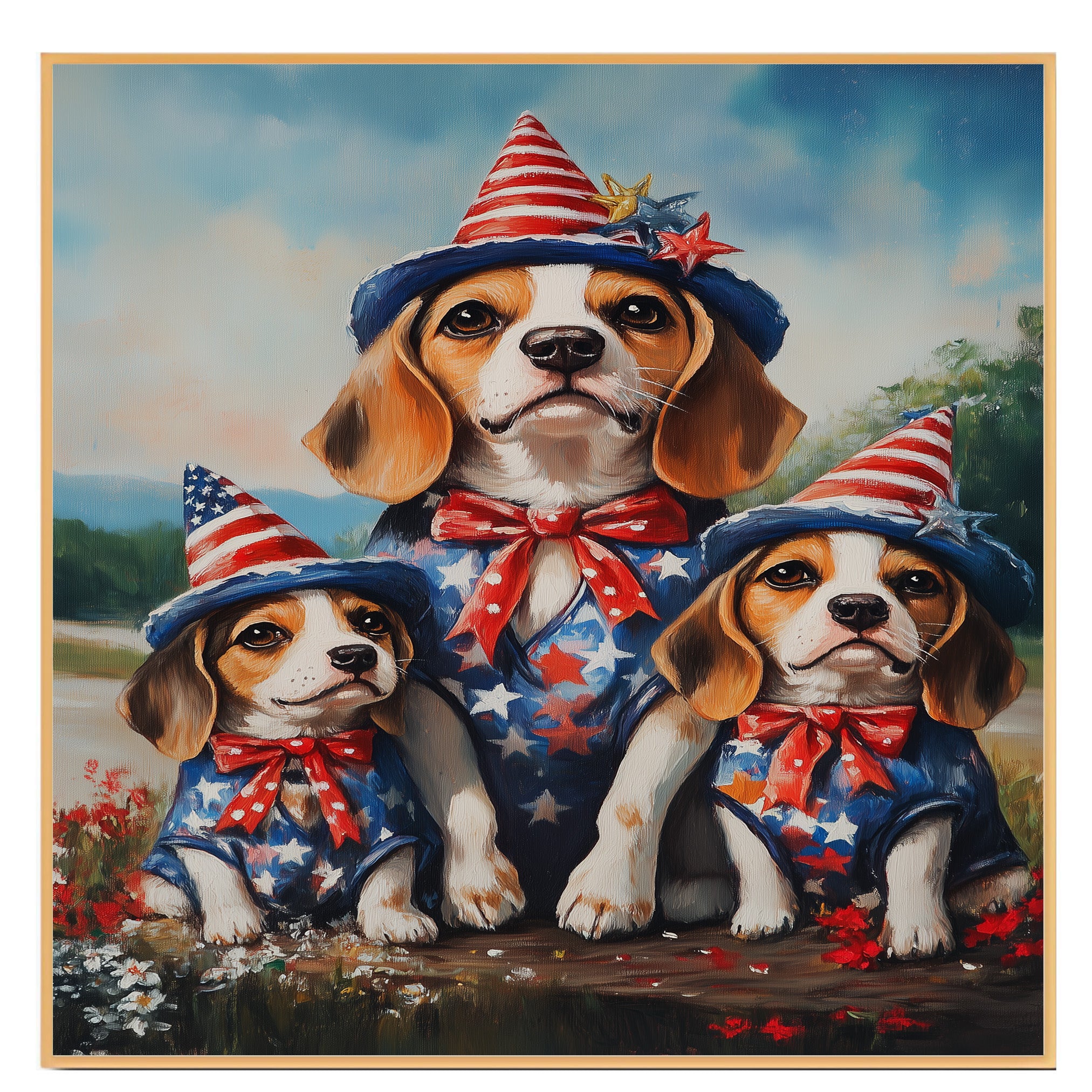 Beagle Dog Family Patriotic Portrait – Mom and 3 Puppies in Red, White & Blue Outfits with Flag and Hats on Ready to Hang 1.5" Thick Canvas Wrap, Floating Framed Canvas, Flat Rolled Canvas