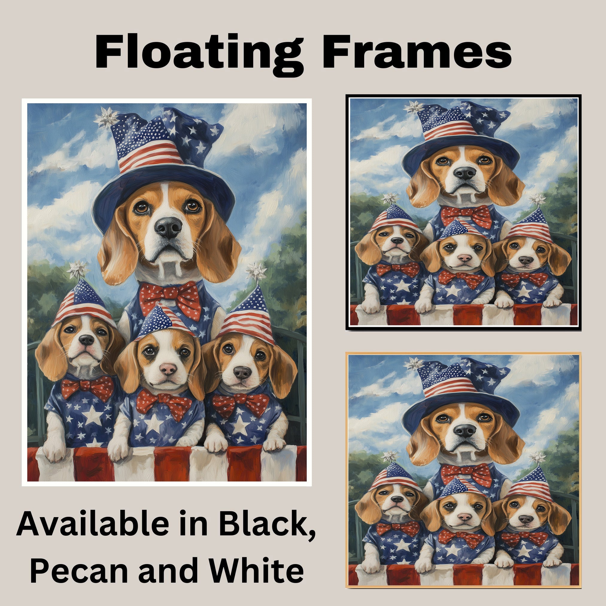 Beagle Family Patriotic Oil Painting – Mom and 3 Puppies in Stars & Stripes Hats and Bow Ties on Ready to Hang 1.5" Thick Canvas Wrap, Floating Framed Canvas, Flat Rolled Canvas