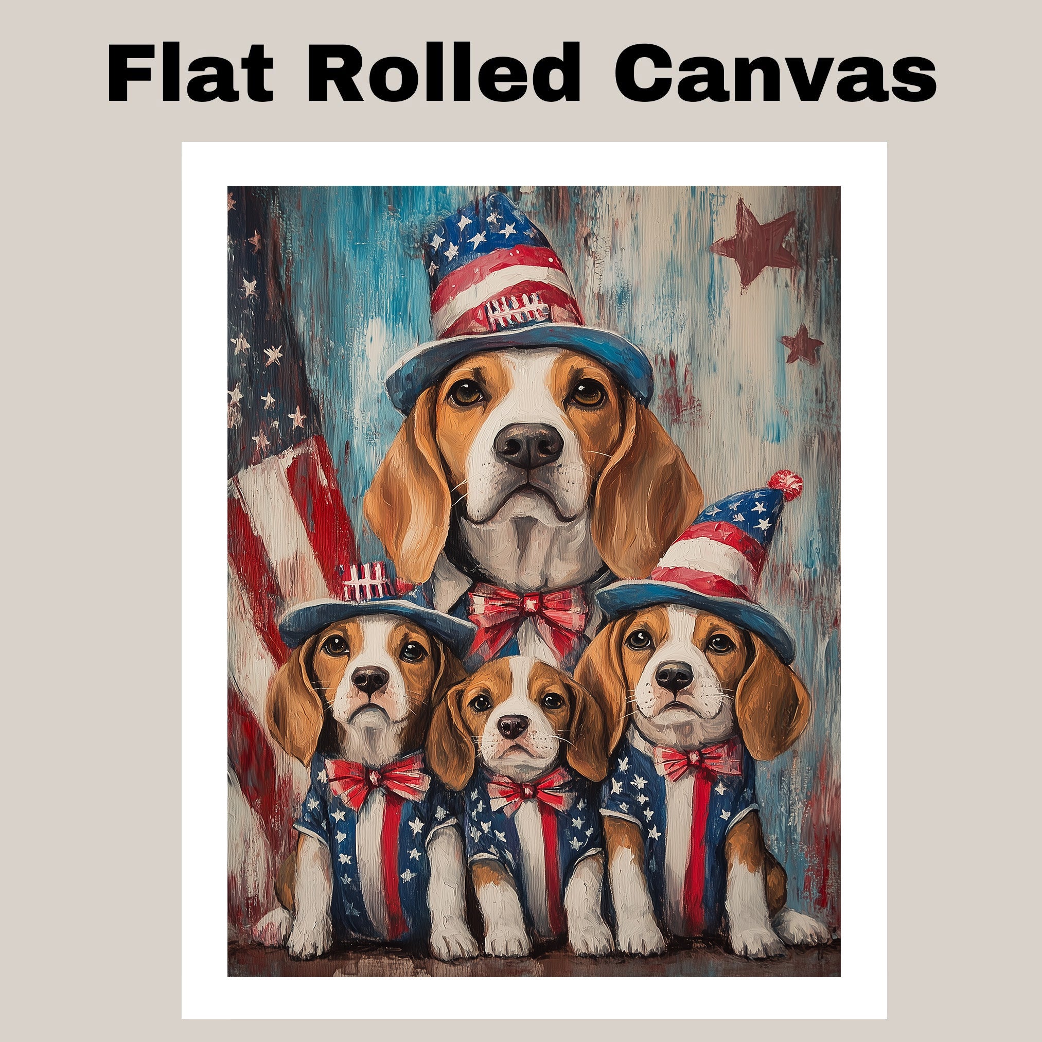 Beagle Mom and Three Puppies in Star-Spangled Outfits and Hats – Patriotic Dog Family Oil Painting Wall Art on Ready to Hang 1.5" Thick Canvas Wrap, Floating Framed Canvas, Flat Rolled Canvas