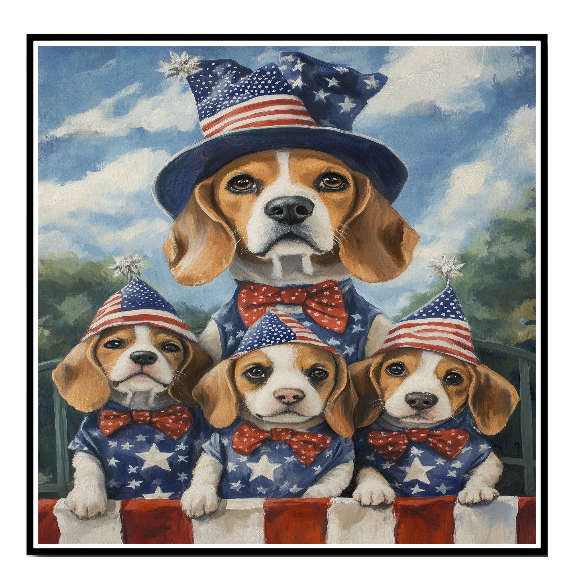 Beagle Family Patriotic Oil Painting – Mom and 3 Puppies in Stars & Stripes Hats and Bow Ties on Ready to Hang 1.5" Thick Canvas Wrap, Floating Framed Canvas, Flat Rolled Canvas