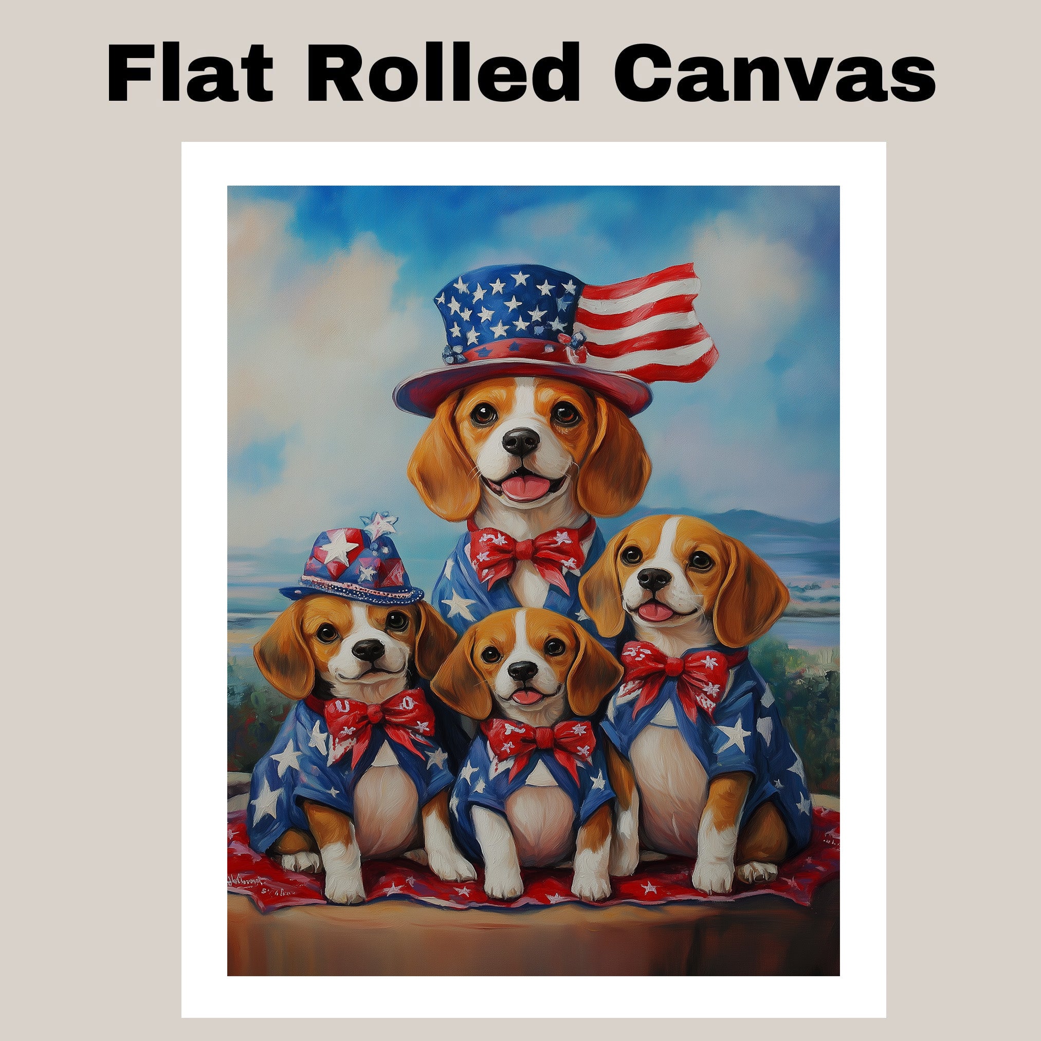 Beagle Dog Family Patriotic Portrait – Oil Painting of Mom and 3 Pups in Stars and Stripes Hats and Bowties on Ready to Hang 1.5" Thick Canvas Wrap, Floating Framed Canvas, Flat Rolled Canvas