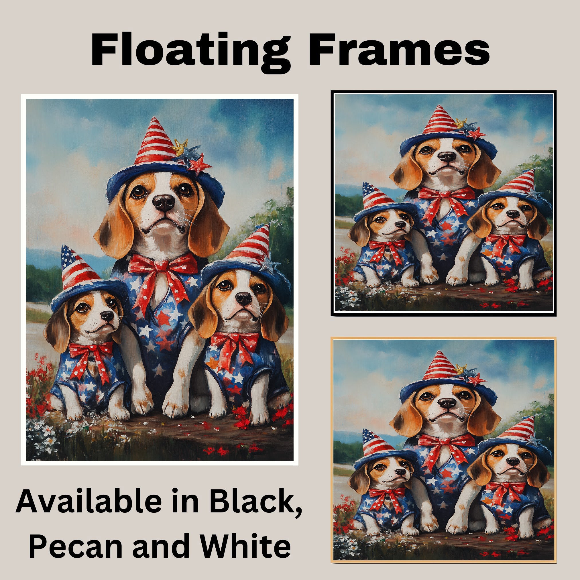Beagle Dog Family Patriotic Portrait – Mom and 3 Puppies in Red, White & Blue Outfits with Flag and Hats on Ready to Hang 1.5" Thick Canvas Wrap, Floating Framed Canvas, Flat Rolled Canvas