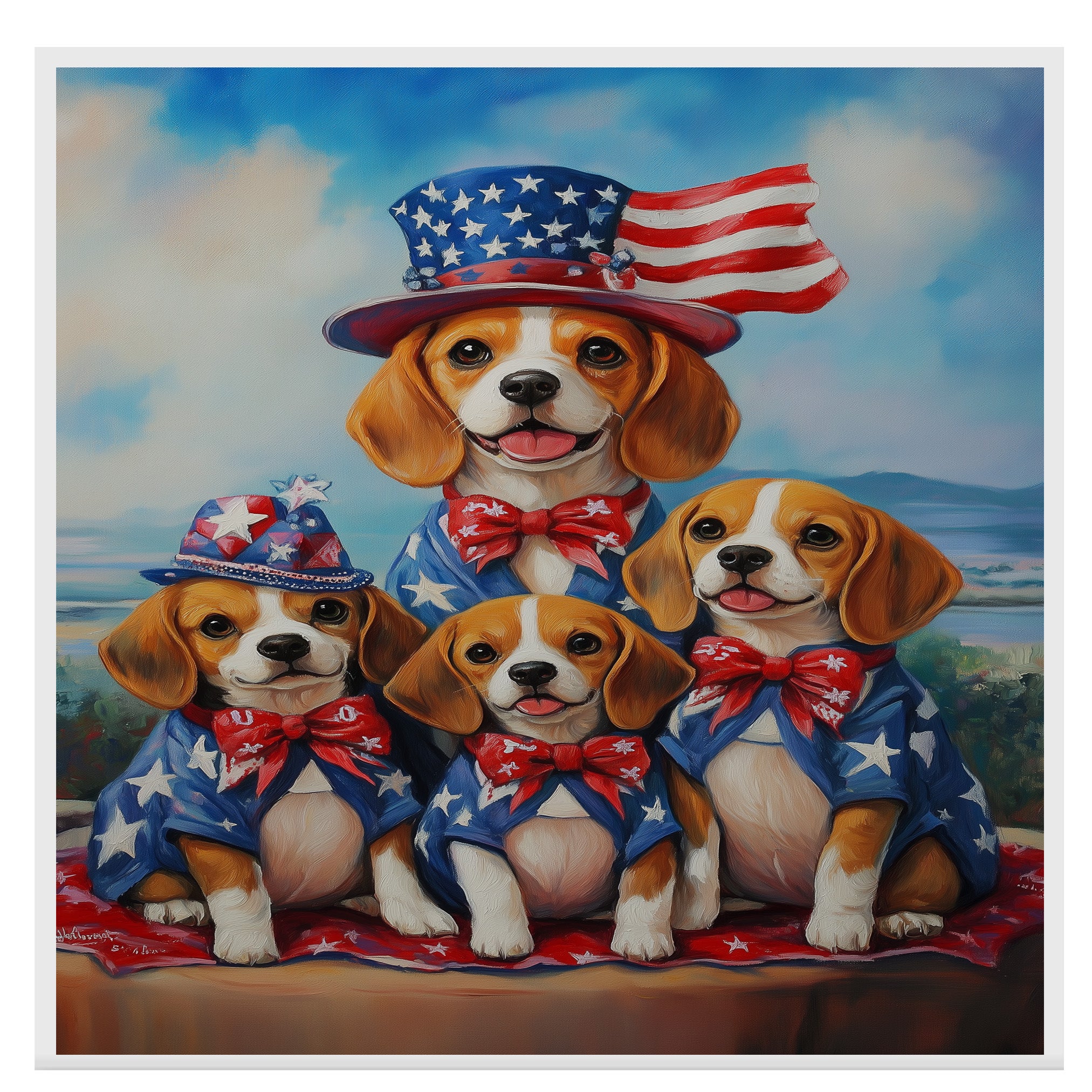 Beagle Dog Family Patriotic Portrait – Oil Painting of Mom and 3 Pups in Stars and Stripes Hats and Bowties on Ready to Hang 1.5" Thick Canvas Wrap, Floating Framed Canvas, Flat Rolled Canvas