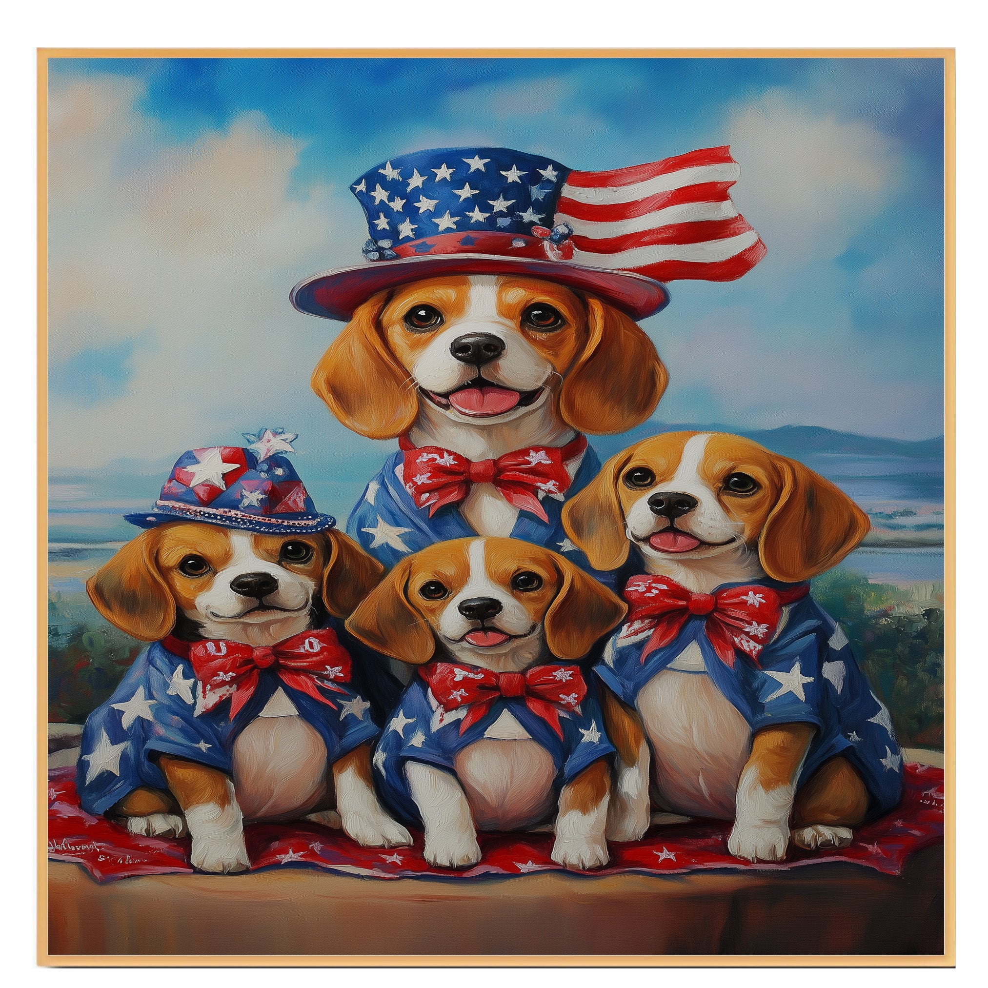 Beagle Dog Family Patriotic Portrait – Oil Painting of Mom and 3 Pups in Stars and Stripes Hats and Bowties on Ready to Hang 1.5" Thick Canvas Wrap, Floating Framed Canvas, Flat Rolled Canvas