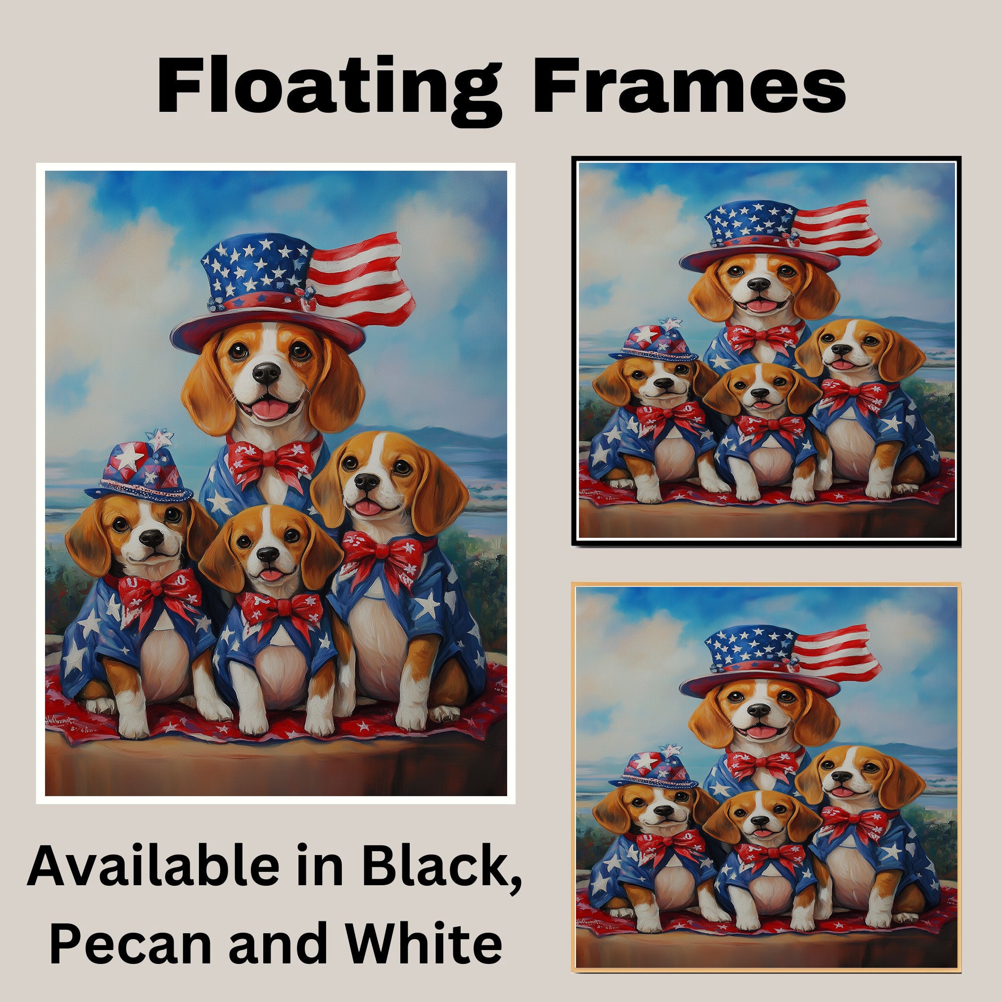 Beagle Dog Family Patriotic Portrait – Oil Painting of Mom and 3 Pups in Stars and Stripes Hats and Bowties on Ready to Hang 1.5" Thick Canvas Wrap, Floating Framed Canvas, Flat Rolled Canvas