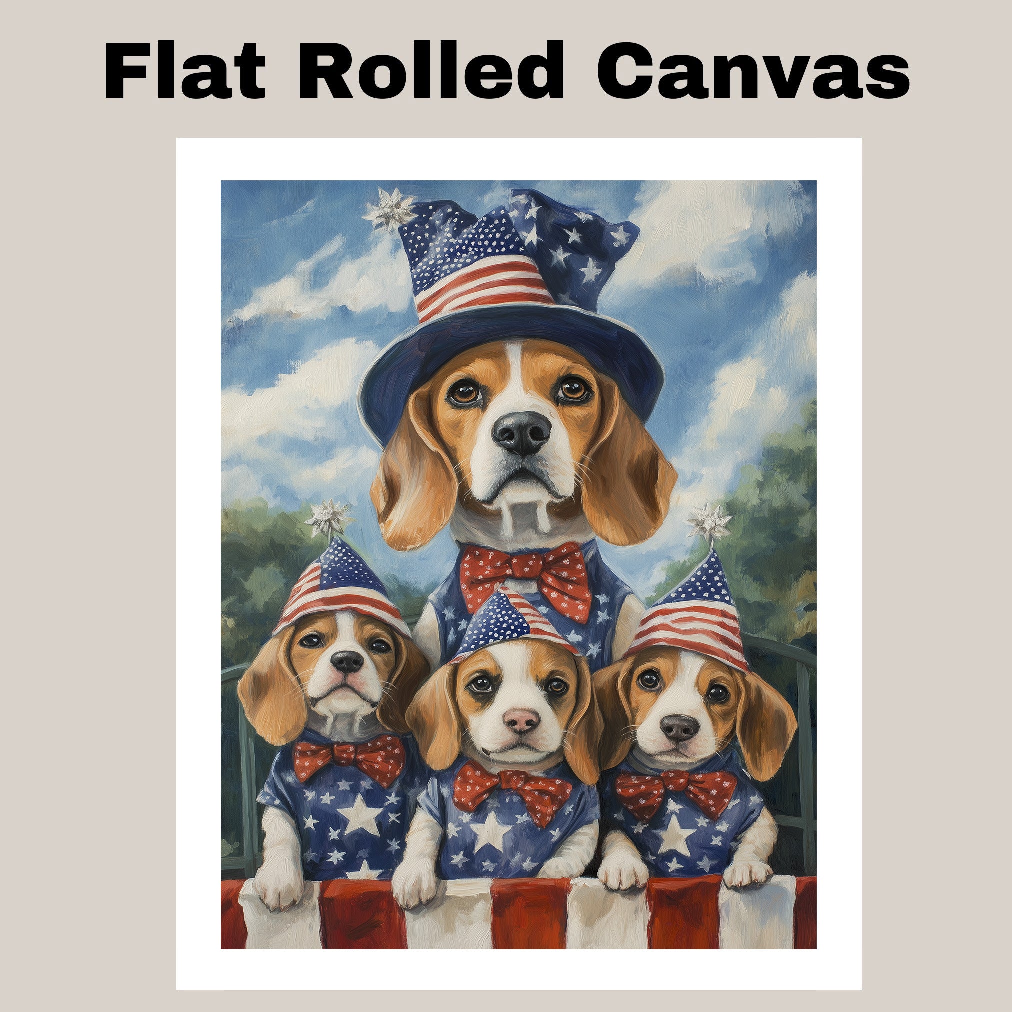 Beagle Family Patriotic Oil Painting – Mom and 3 Puppies in Stars & Stripes Hats and Bow Ties on Ready to Hang 1.5" Thick Canvas Wrap, Floating Framed Canvas, Flat Rolled Canvas