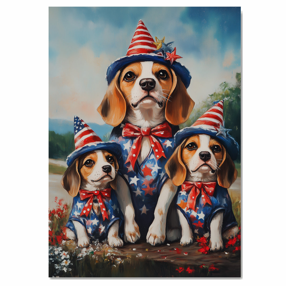 Beagle Dog Family Patriotic Portrait – Mom and 3 Puppies in Red, White & Blue Outfits with Flag and Hats on Ready to Hang 1.5" Thick Canvas Wrap, Floating Framed Canvas, Flat Rolled Canvas