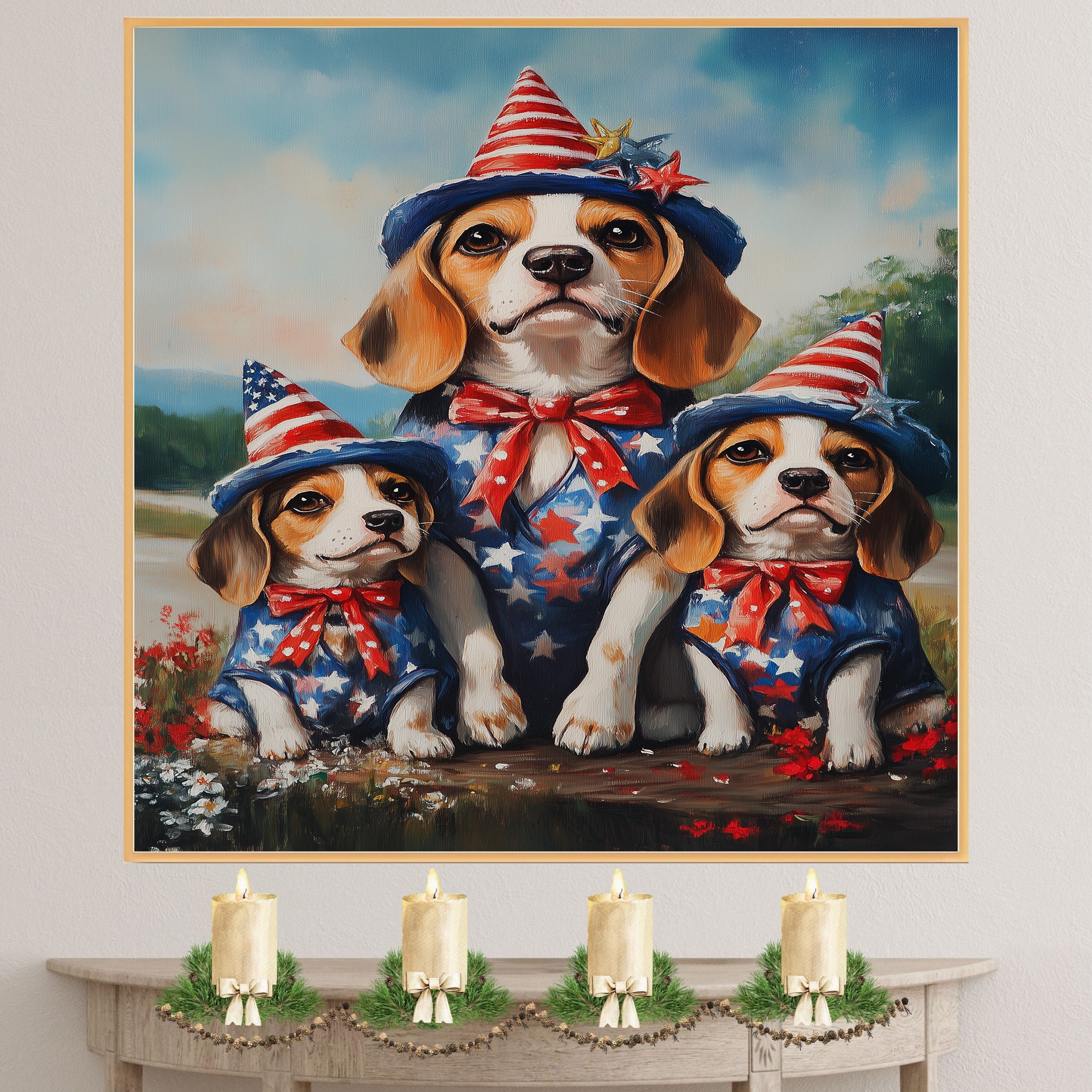 Beagle Dog Family Patriotic Portrait – Mom and 3 Puppies in Red, White & Blue Outfits with Flag and Hats on Ready to Hang 1.5" Thick Canvas Wrap, Floating Framed Canvas, Flat Rolled Canvas