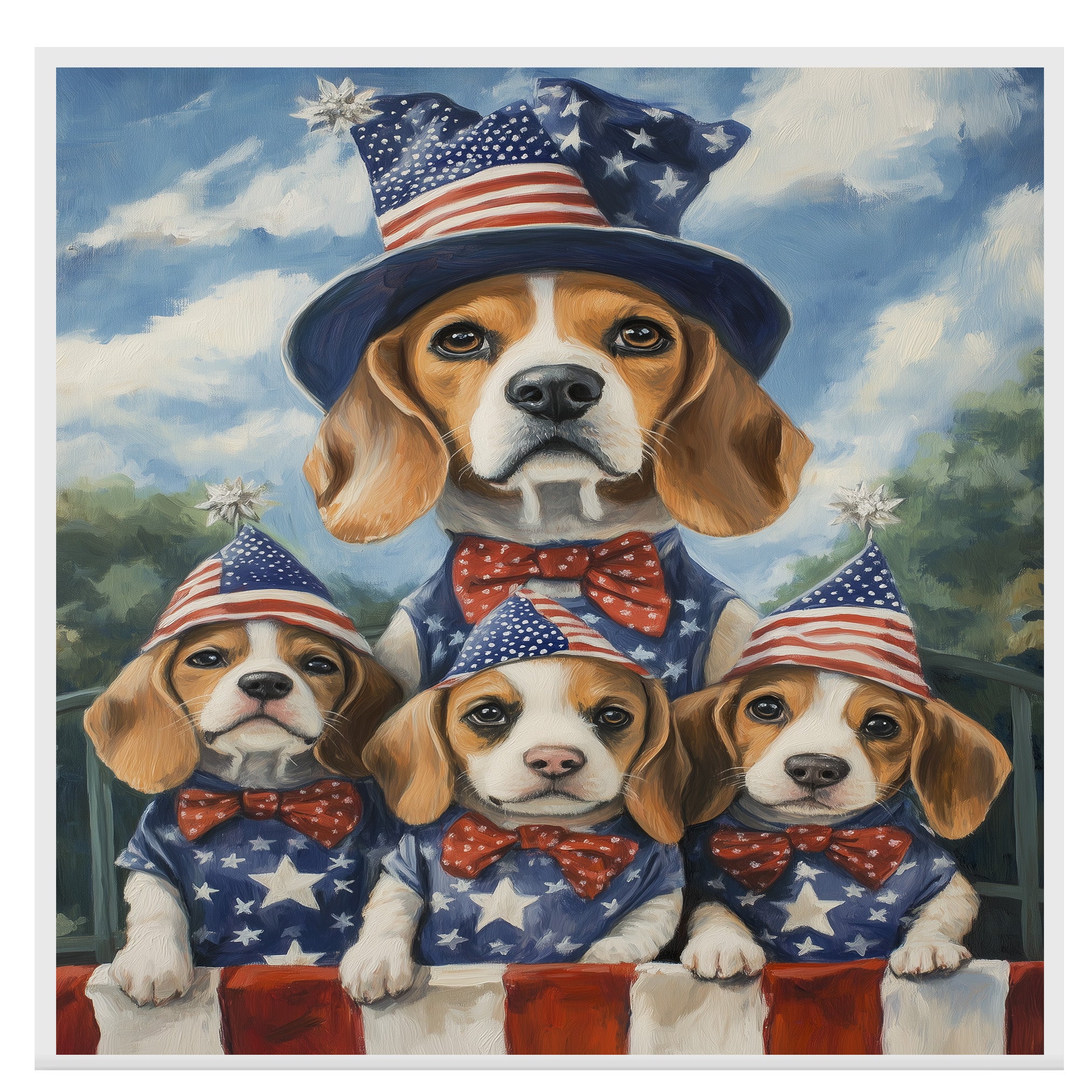 Beagle Family Patriotic Oil Painting – Mom and 3 Puppies in Stars & Stripes Hats and Bow Ties on Ready to Hang 1.5" Thick Canvas Wrap, Floating Framed Canvas, Flat Rolled Canvas