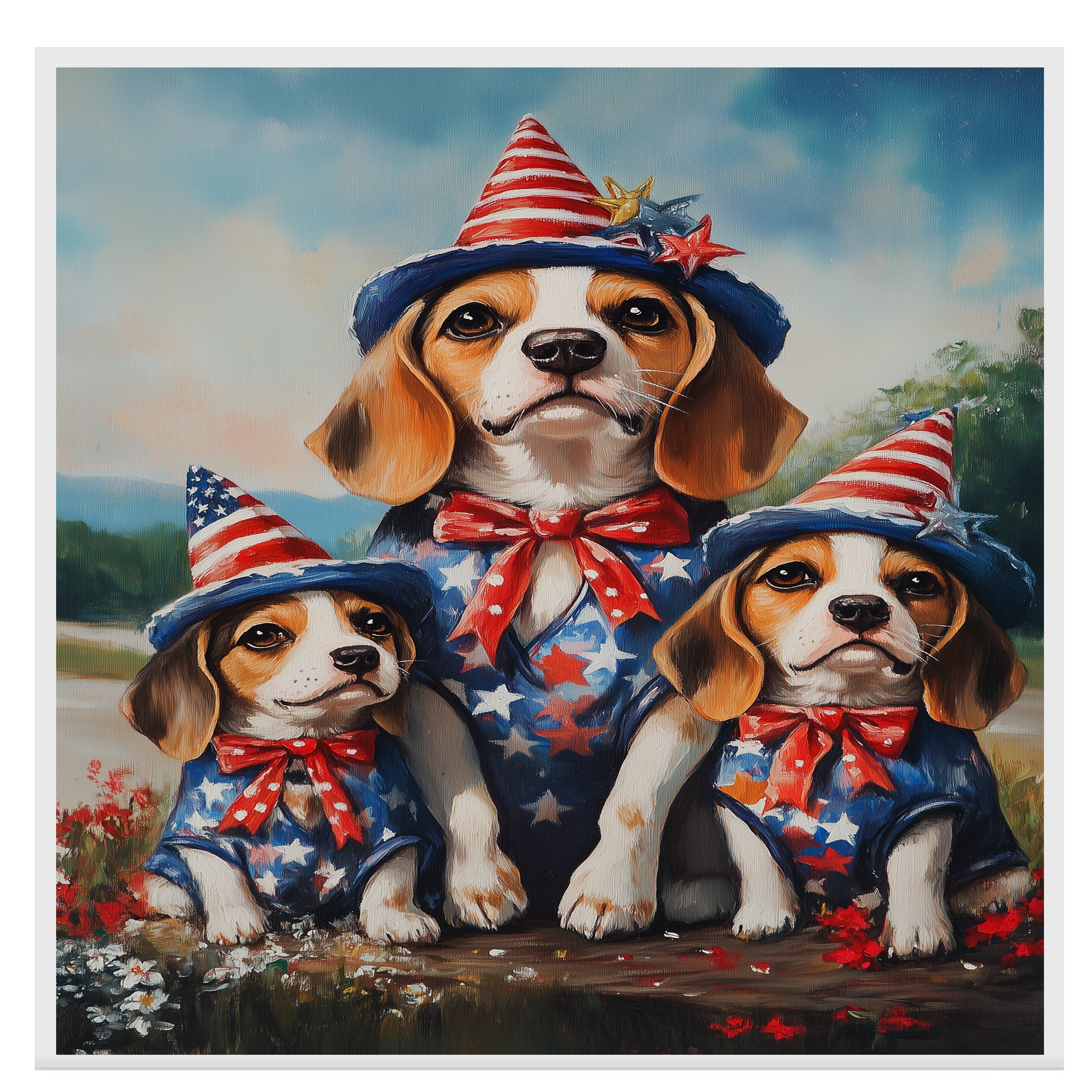 Beagle Dog Family Patriotic Portrait – Mom and 3 Puppies in Red, White & Blue Outfits with Flag and Hats on Ready to Hang 1.5" Thick Canvas Wrap, Floating Framed Canvas, Flat Rolled Canvas