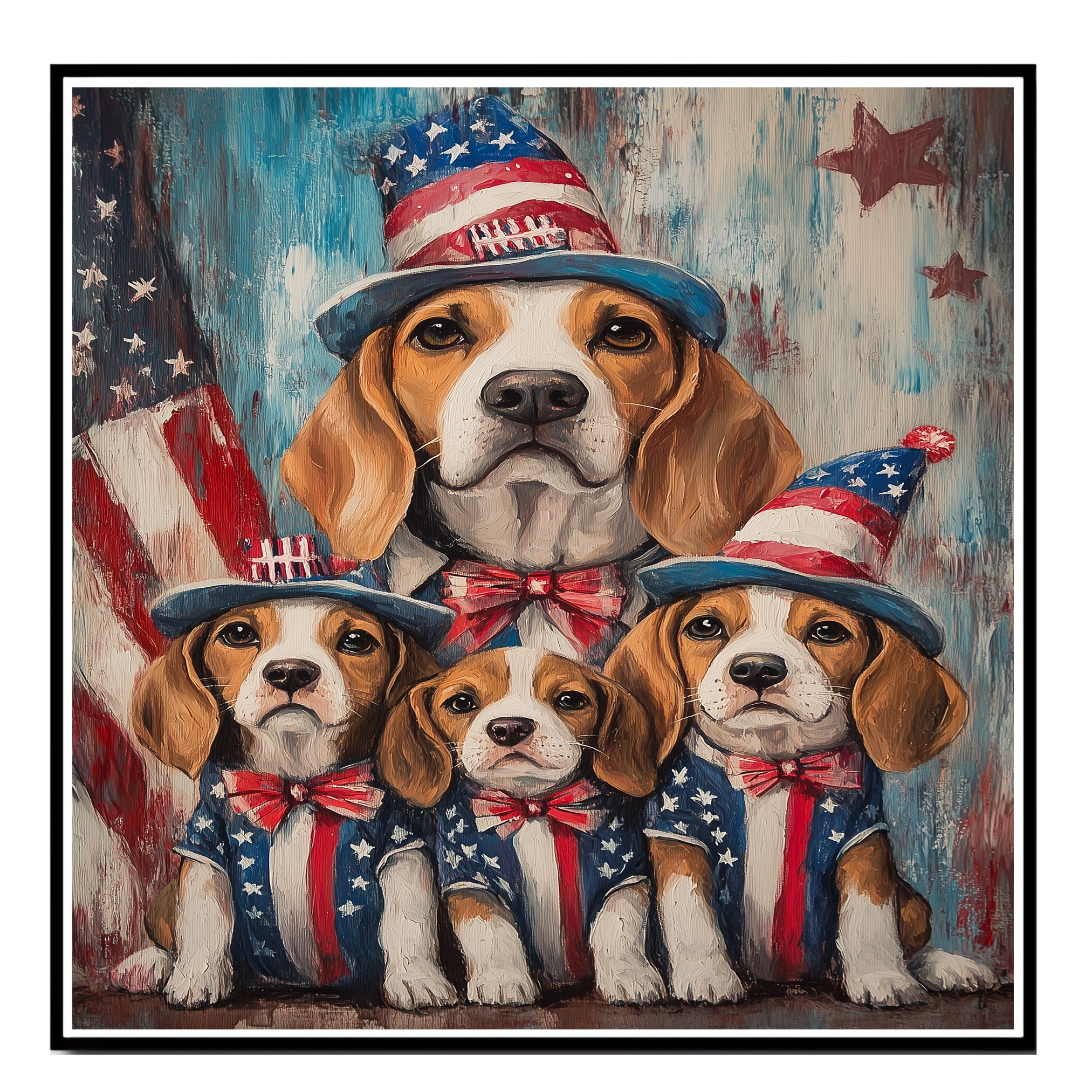 Beagle Mom and Three Puppies in Star-Spangled Outfits and Hats – Patriotic Dog Family Oil Painting Wall Art on Ready to Hang 1.5" Thick Canvas Wrap, Floating Framed Canvas, Flat Rolled Canvas