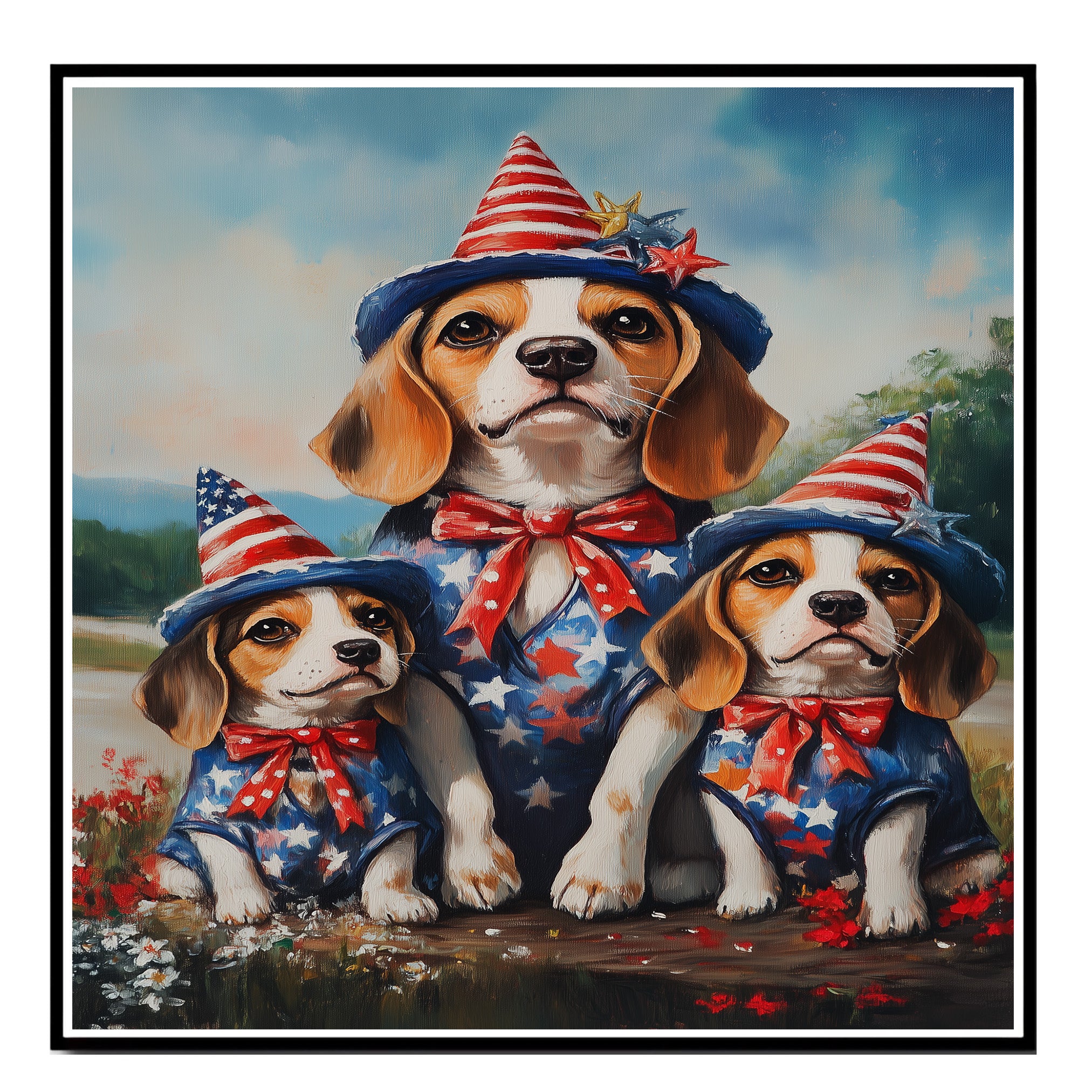 Beagle Dog Family Patriotic Portrait – Mom and 3 Puppies in Red, White & Blue Outfits with Flag and Hats on Ready to Hang 1.5" Thick Canvas Wrap, Floating Framed Canvas, Flat Rolled Canvas