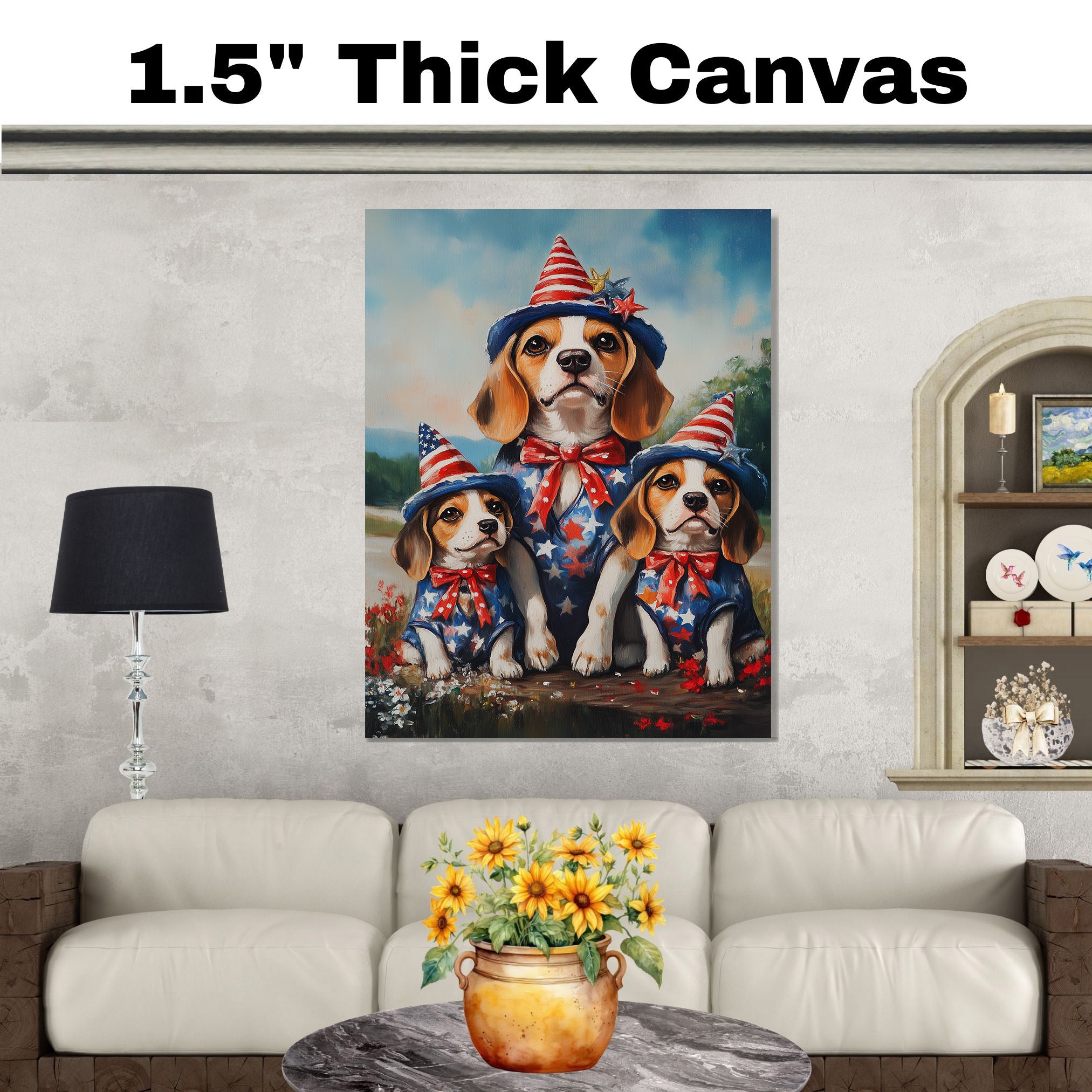Beagle Dog Family Patriotic Portrait – Mom and 3 Puppies in Red, White & Blue Outfits with Flag and Hats on Ready to Hang 1.5" Thick Canvas Wrap, Floating Framed Canvas, Flat Rolled Canvas
