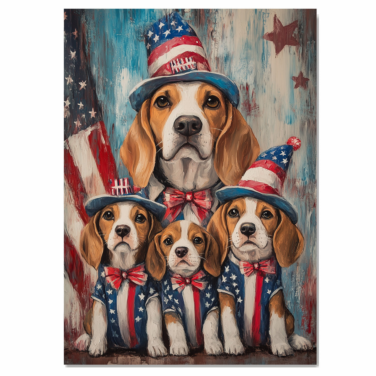 Beagle Mom and Three Puppies in Star-Spangled Outfits and Hats – Patriotic Dog Family Oil Painting Wall Art on Ready to Hang 1.5" Thick Canvas Wrap, Floating Framed Canvas, Flat Rolled Canvas