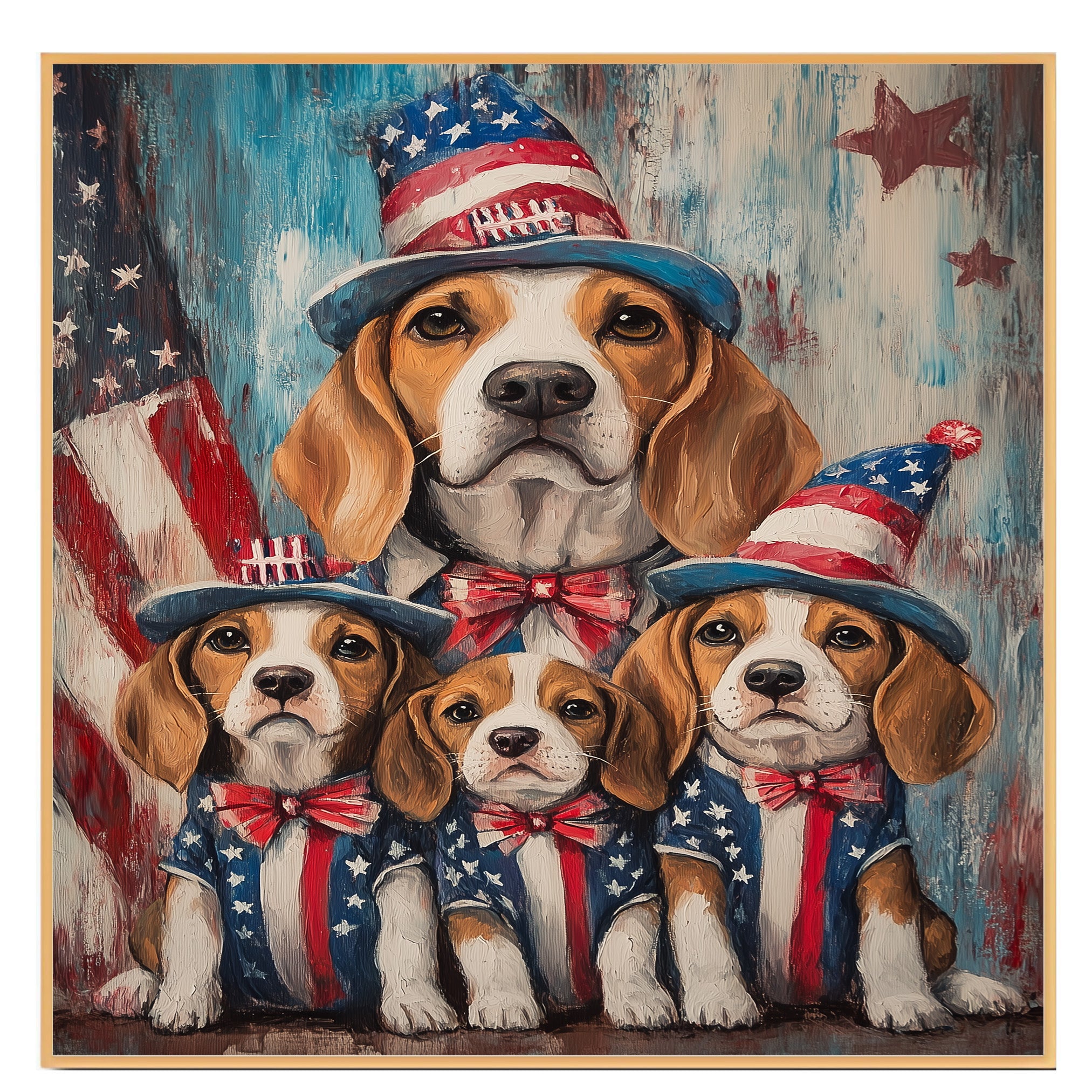 Beagle Mom and Three Puppies in Star-Spangled Outfits and Hats – Patriotic Dog Family Oil Painting Wall Art on Ready to Hang 1.5" Thick Canvas Wrap, Floating Framed Canvas, Flat Rolled Canvas