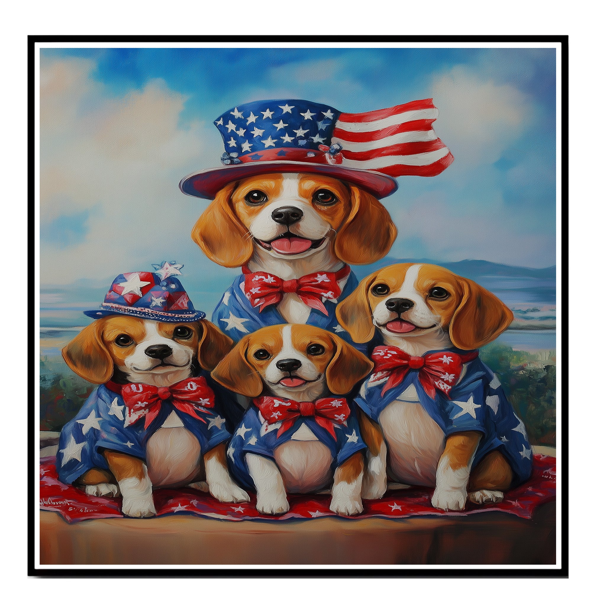 Beagle Dog Family Patriotic Portrait – Oil Painting of Mom and 3 Pups in Stars and Stripes Hats and Bowties on Ready to Hang 1.5" Thick Canvas Wrap, Floating Framed Canvas, Flat Rolled Canvas