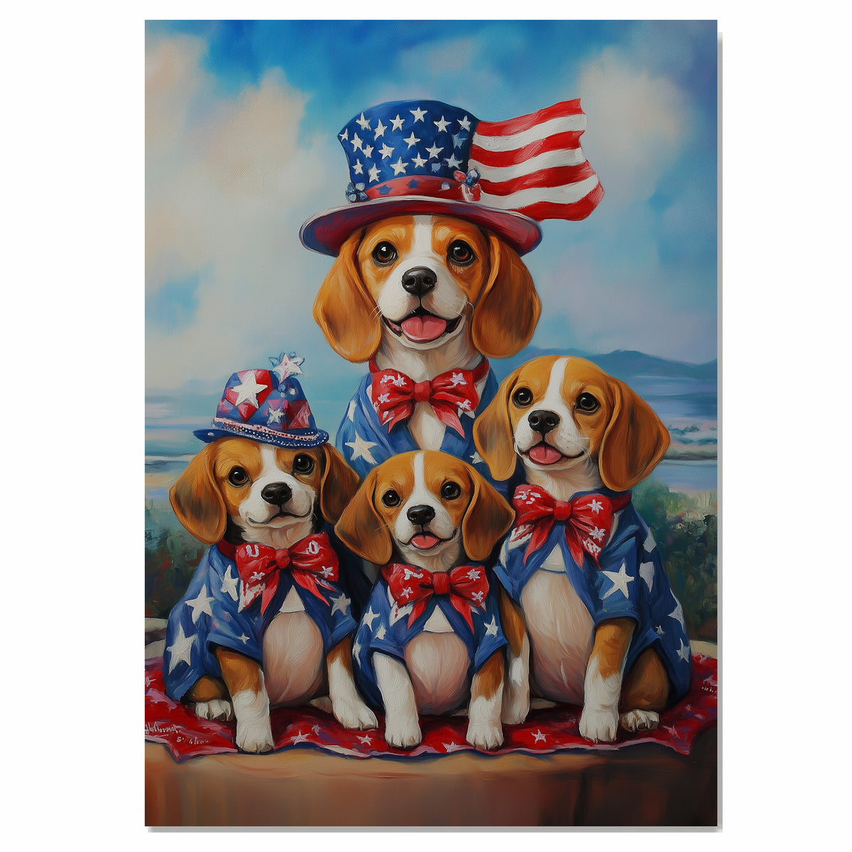 Beagle Dog Family Patriotic Portrait – Oil Painting of Mom and 3 Pups in Stars and Stripes Hats and Bowties on Ready to Hang 1.5" Thick Canvas Wrap, Floating Framed Canvas, Flat Rolled Canvas