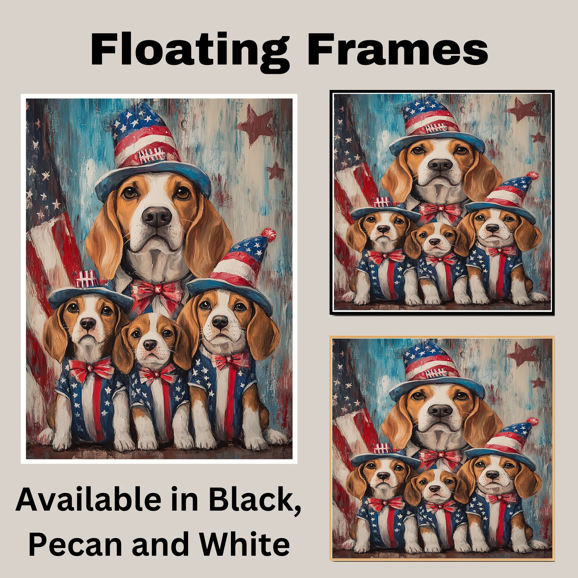 Beagle Mom and Three Puppies in Star-Spangled Outfits and Hats – Patriotic Dog Family Oil Painting Wall Art on Ready to Hang 1.5" Thick Canvas Wrap, Floating Framed Canvas, Flat Rolled Canvas