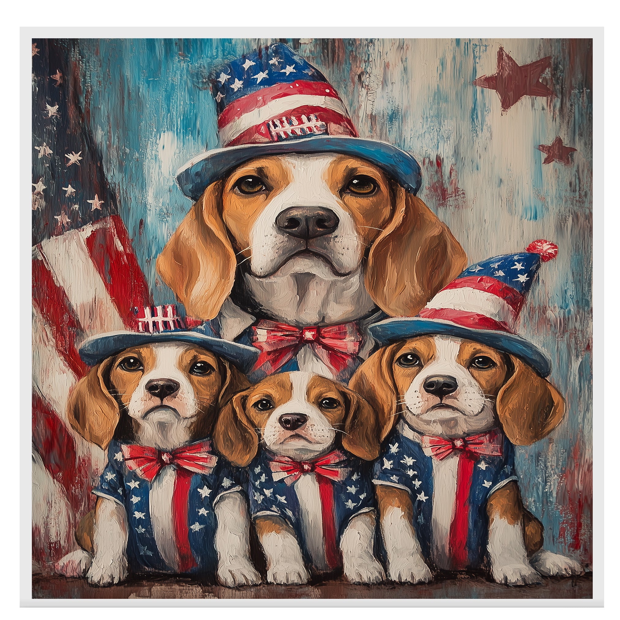 Beagle Mom and Three Puppies in Star-Spangled Outfits and Hats – Patriotic Dog Family Oil Painting Wall Art on Ready to Hang 1.5" Thick Canvas Wrap, Floating Framed Canvas, Flat Rolled Canvas