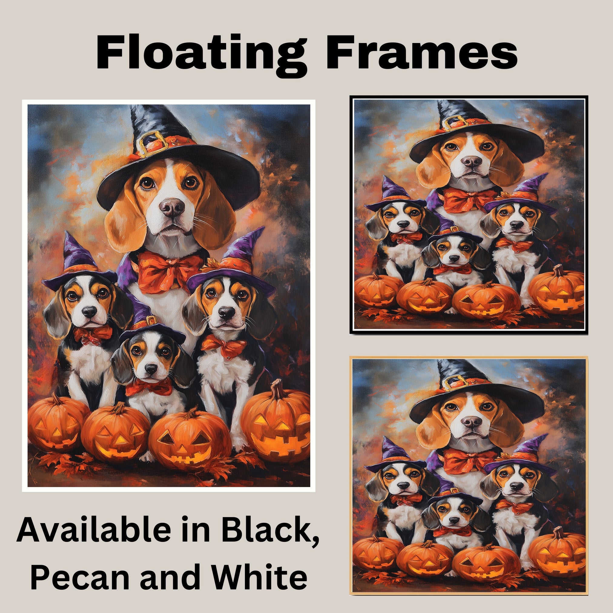 Halloween Beagle Dog and Puppy Canvas Wall Art with Witch Hats Fall Decor for Thanksgiving Party on Ready to Hang 1.5" Thick Canvas Wrap, Floating Framed Canvas, Flat Rolled Canvas
